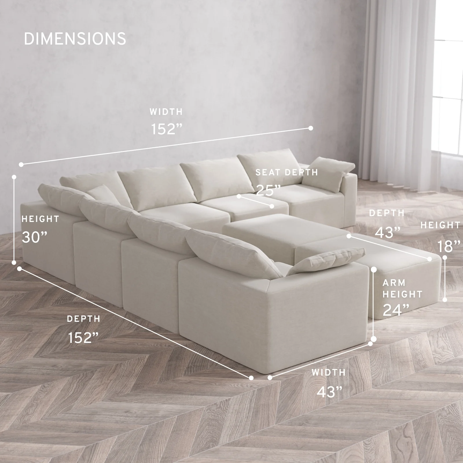 Modular Washable 7-Seater Corner Sectional + Chaise Ottoman Bench Cloud Sofa | Satin Velvet in Cashew - Image 5