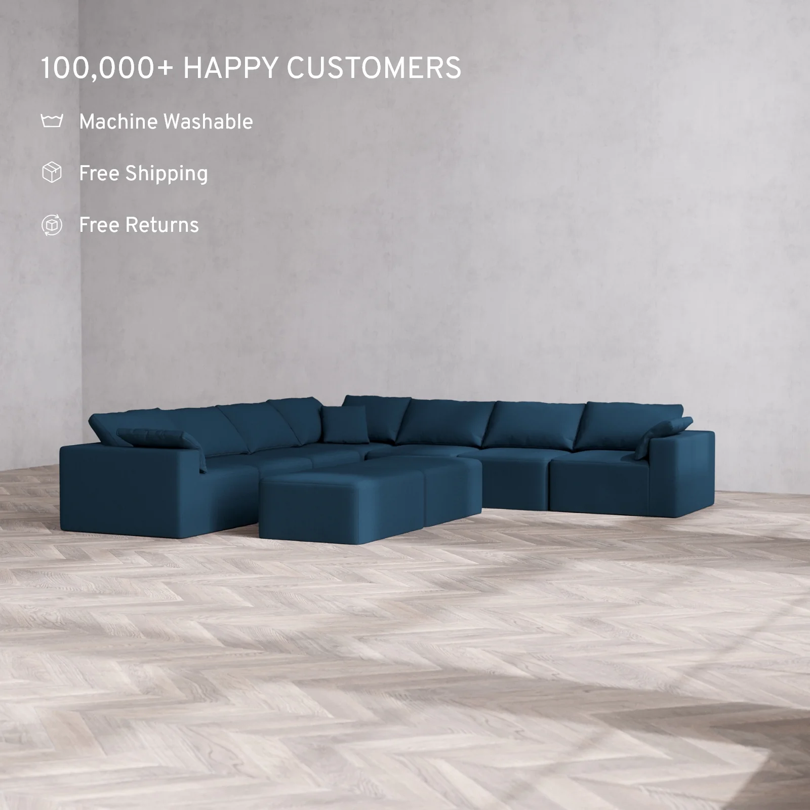 Modular Washable 7-Seater Corner Sectional + Chaise Ottoman Bench Cloud Sofa | Arden Weave in Lazuli - Image 2