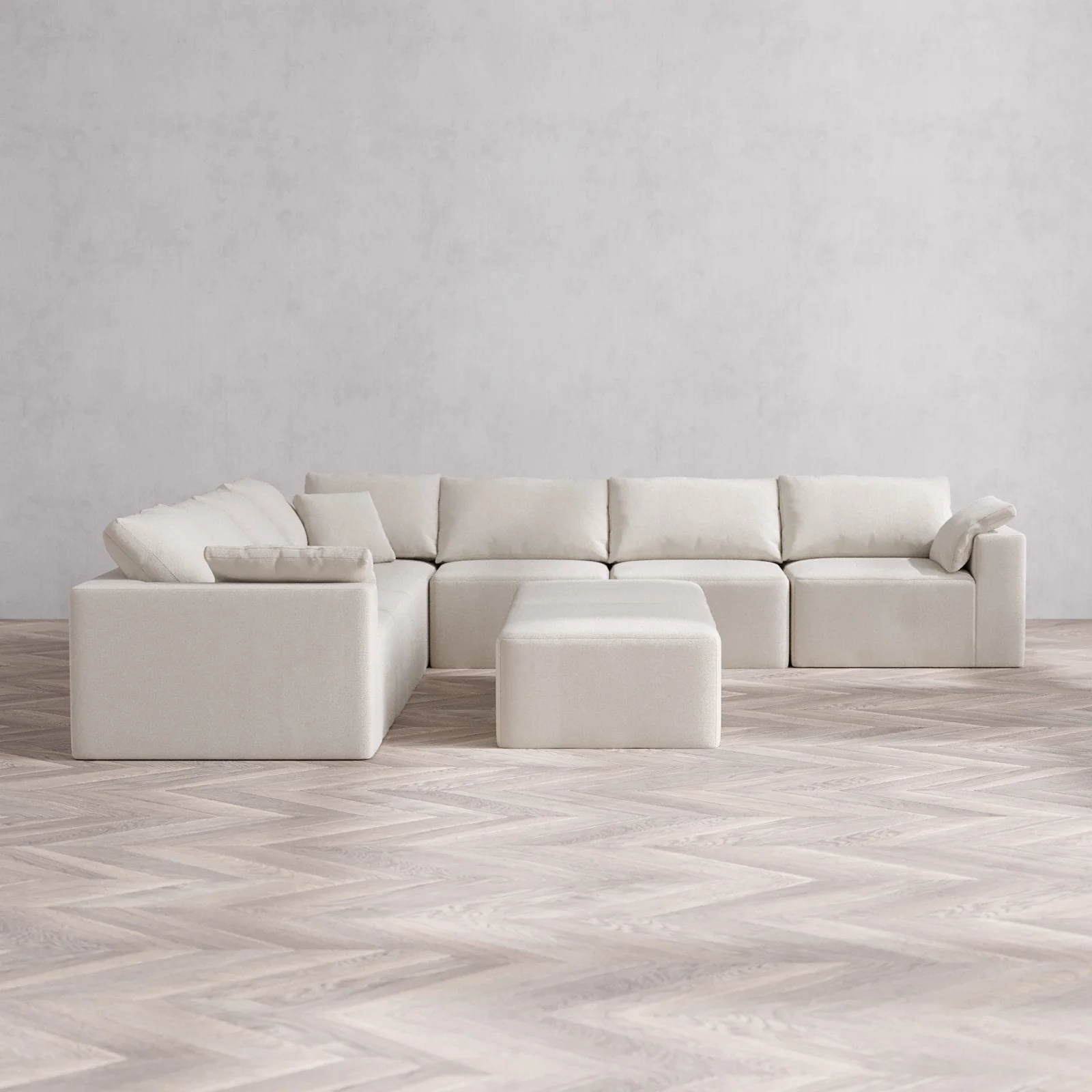 Modular Washable 7-Seater Corner Sectional + Chaise Ottoman Bench Cloud Sofa | Lux Weave in Pearl