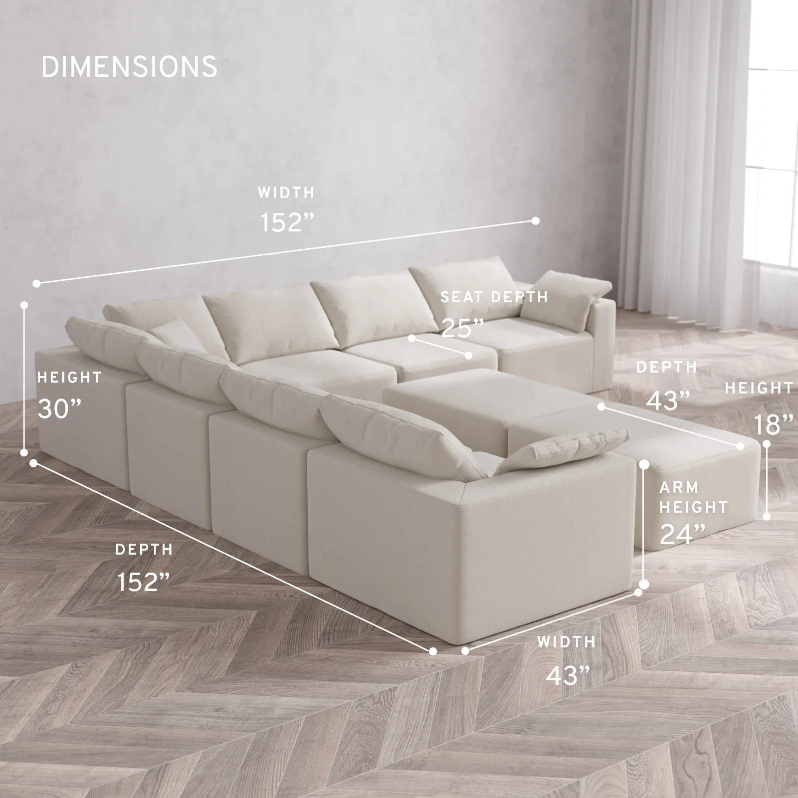 Modular Washable 7-Seater Corner Sectional + Chaise Ottoman Bench Cloud Sofa | Lux Weave in Pearl - Image 5