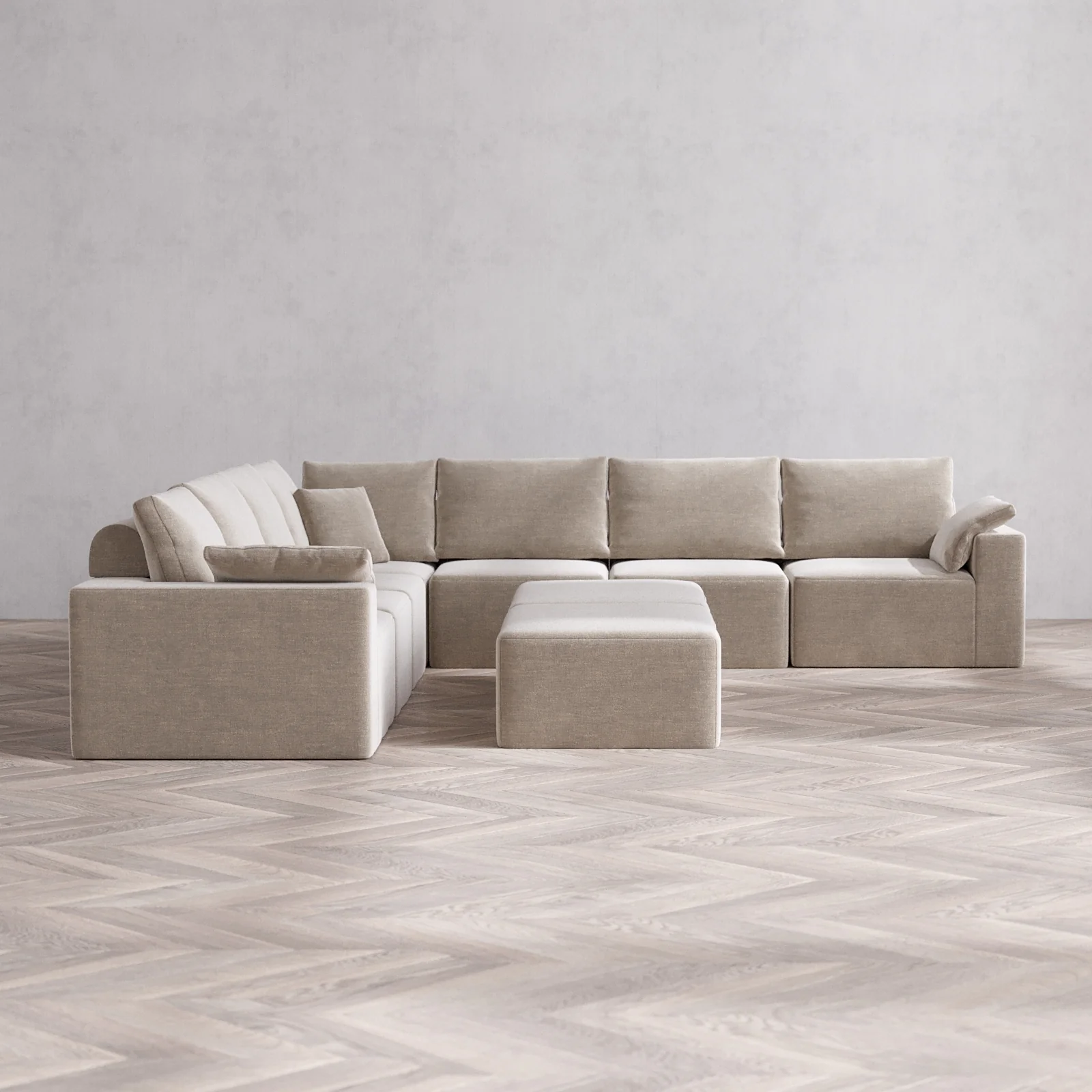 Modular Washable 7-Seater Corner Sectional + Chaise Ottoman Bench Cloud + Bolster Sofa | Satin Velvet in Caraway