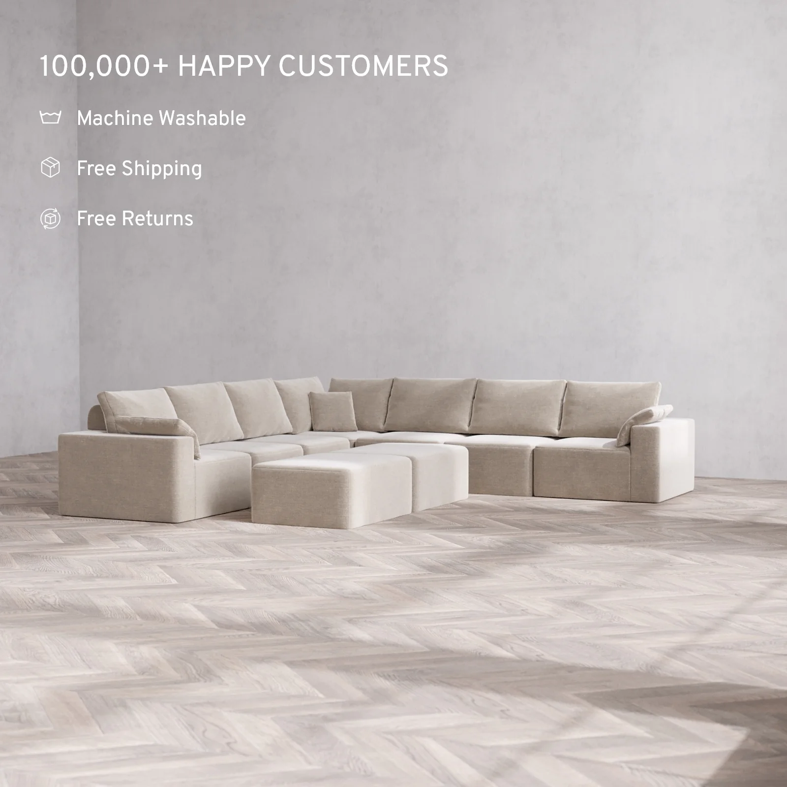 Modular Washable 7-Seater Corner Sectional + Chaise Ottoman Bench Cloud + Bolster Sofa | Satin Velvet in Caraway - Image 2