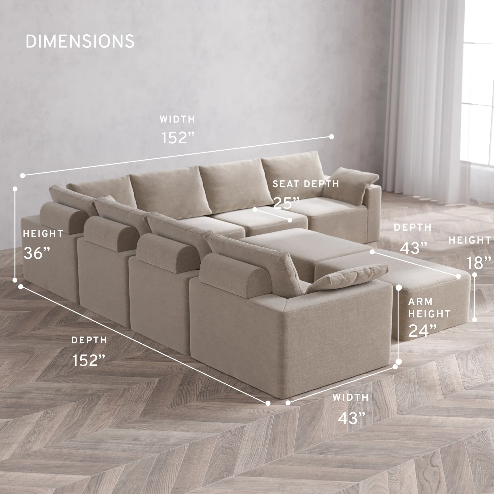 Modular Washable 7-Seater Corner Sectional + Chaise Ottoman Bench Cloud + Bolster Sofa | Satin Velvet in Caraway - Image 5
