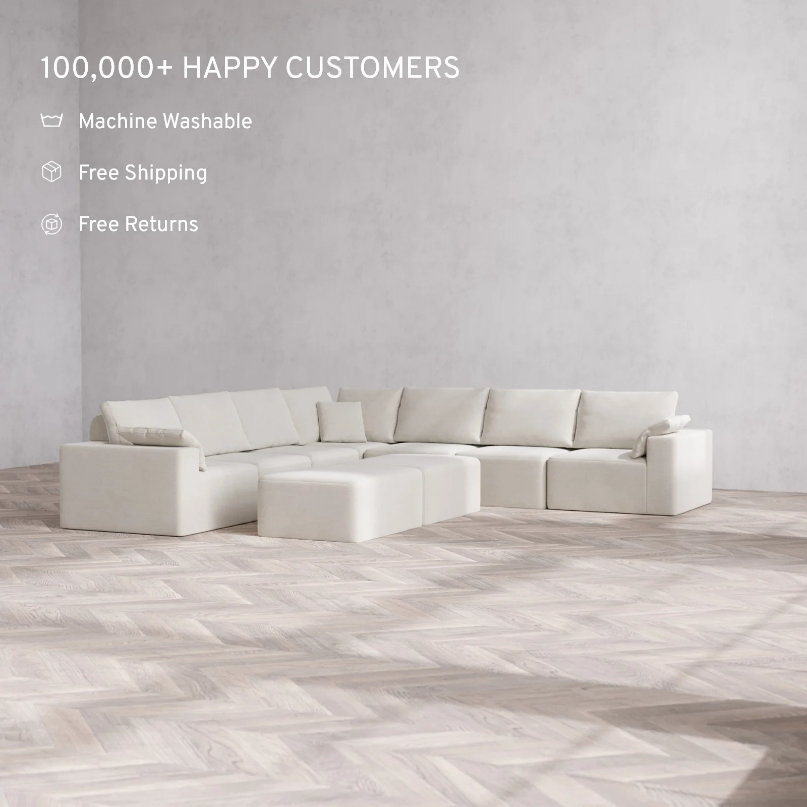Modular Washable 7-Seater Corner Sectional + Chaise Ottoman Bench Cloud + Bolster Sofa | Satin Velvet in Cashew - Image 2