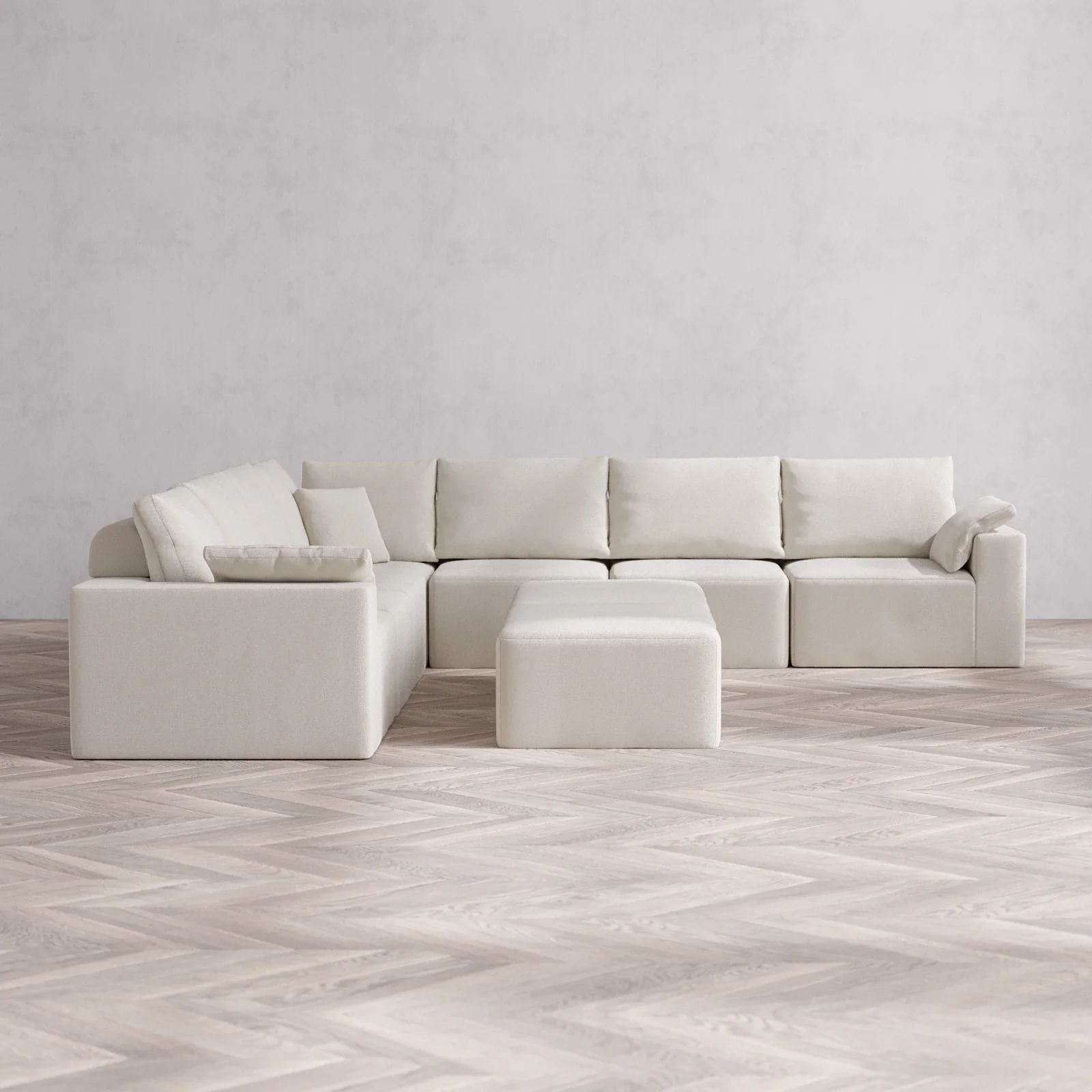 Modular Washable 7-Seater Corner Sectional + Chaise Ottoman Bench Cloud + Bolster Sofa | Lux Weave in Pearl