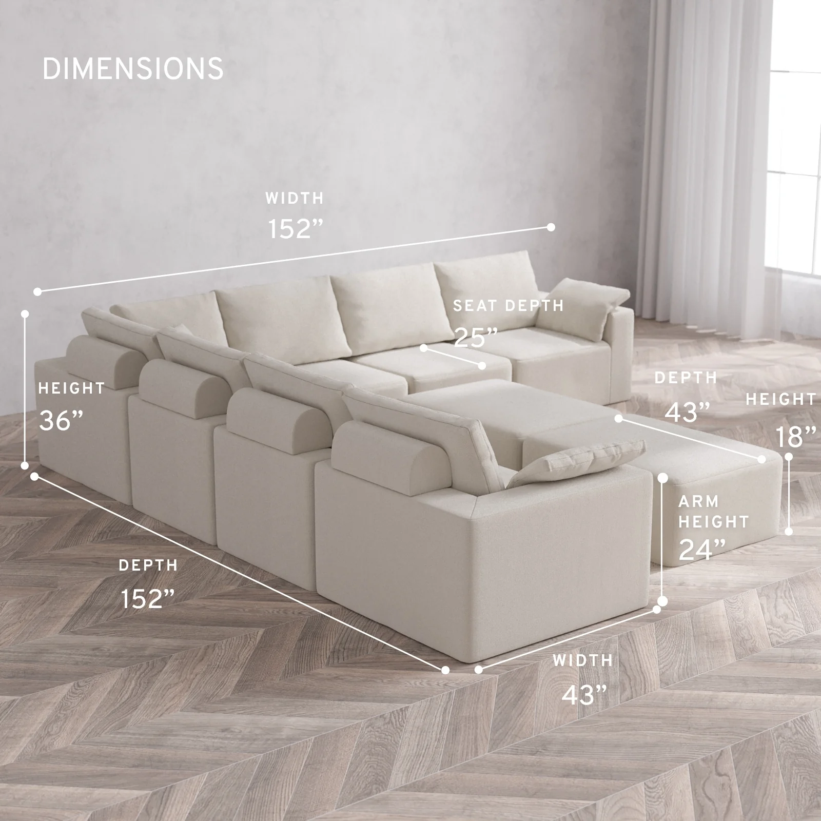 Modular Washable 7-Seater Corner Sectional + Chaise Ottoman Bench Cloud + Bolster Sofa | Lux Weave in Pearl - Image 5