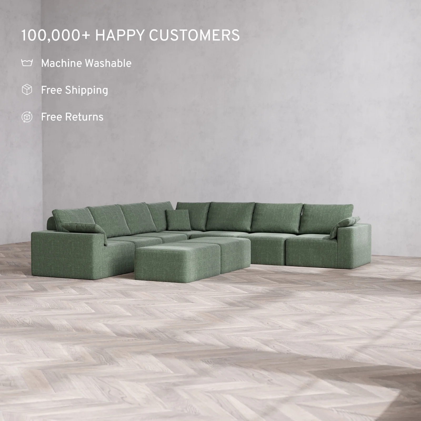Modular Washable 7-Seater Corner Sectional + Chaise Ottoman Bench Cloud + Bolster Sofa | Heirloom Velvet in Sage - Image 2