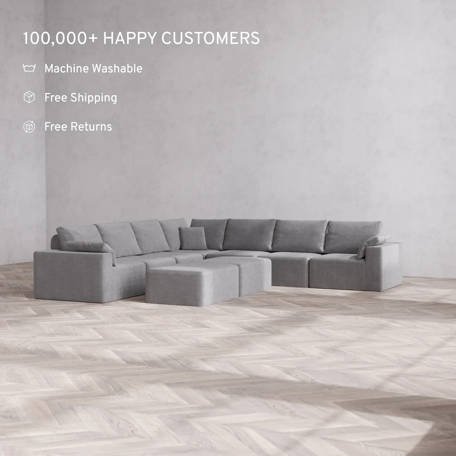Modular Washable 7-Seater Corner Sectional + Chaise Ottoman Bench Cloud + Bolster Sofa | Lux Weave in Slate - Image 2