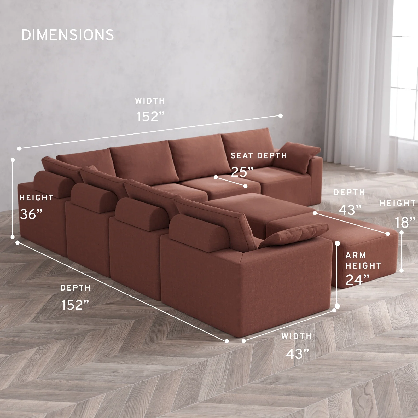 Modular Washable 7-Seater Corner Sectional + Chaise Ottoman Bench Cloud + Bolster Sofa | Heirloom Velvet in Sumac - Image 5