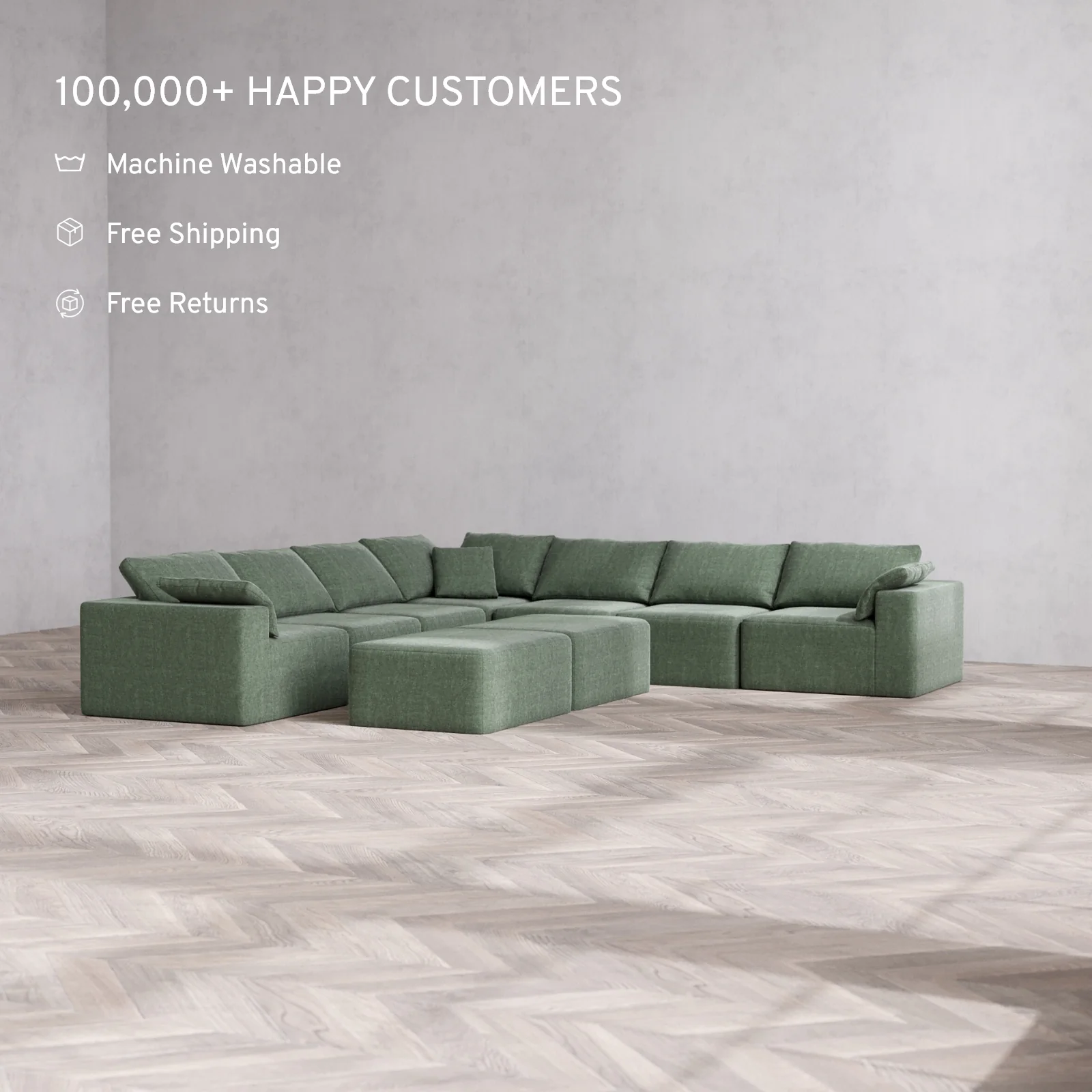 Modular Washable 7-Seater Corner Sectional + Chaise Ottoman Bench Cloud Sofa | Heirloom Velvet in Sage - Image 2