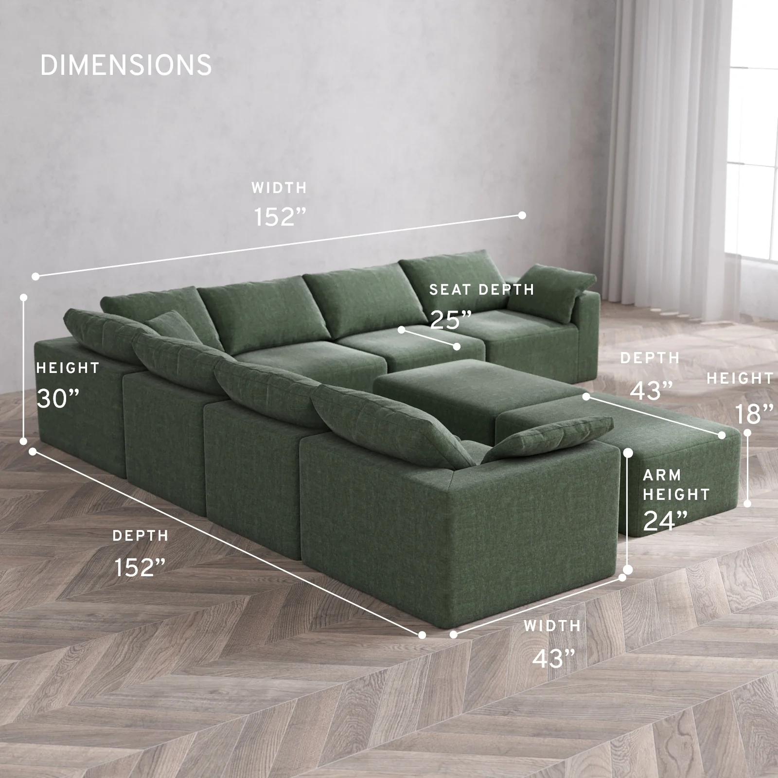Modular Washable 7-Seater Corner Sectional + Chaise Ottoman Bench Cloud Sofa | Heirloom Velvet in Sage - Image 5