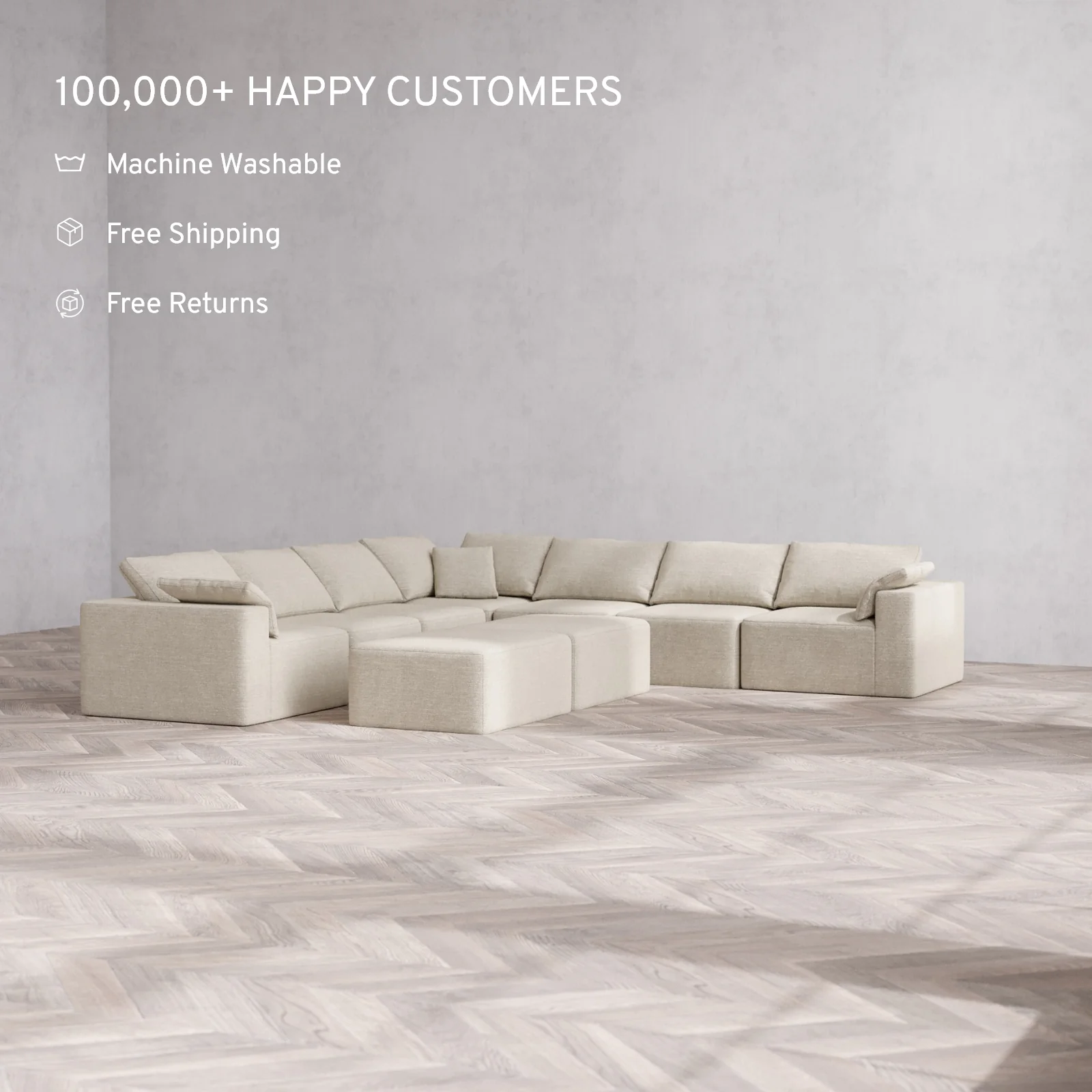 Modular Washable 7-Seater Corner Sectional + Chaise Ottoman Bench Cloud Sofa | Plush Twill in Sandstone - Image 2