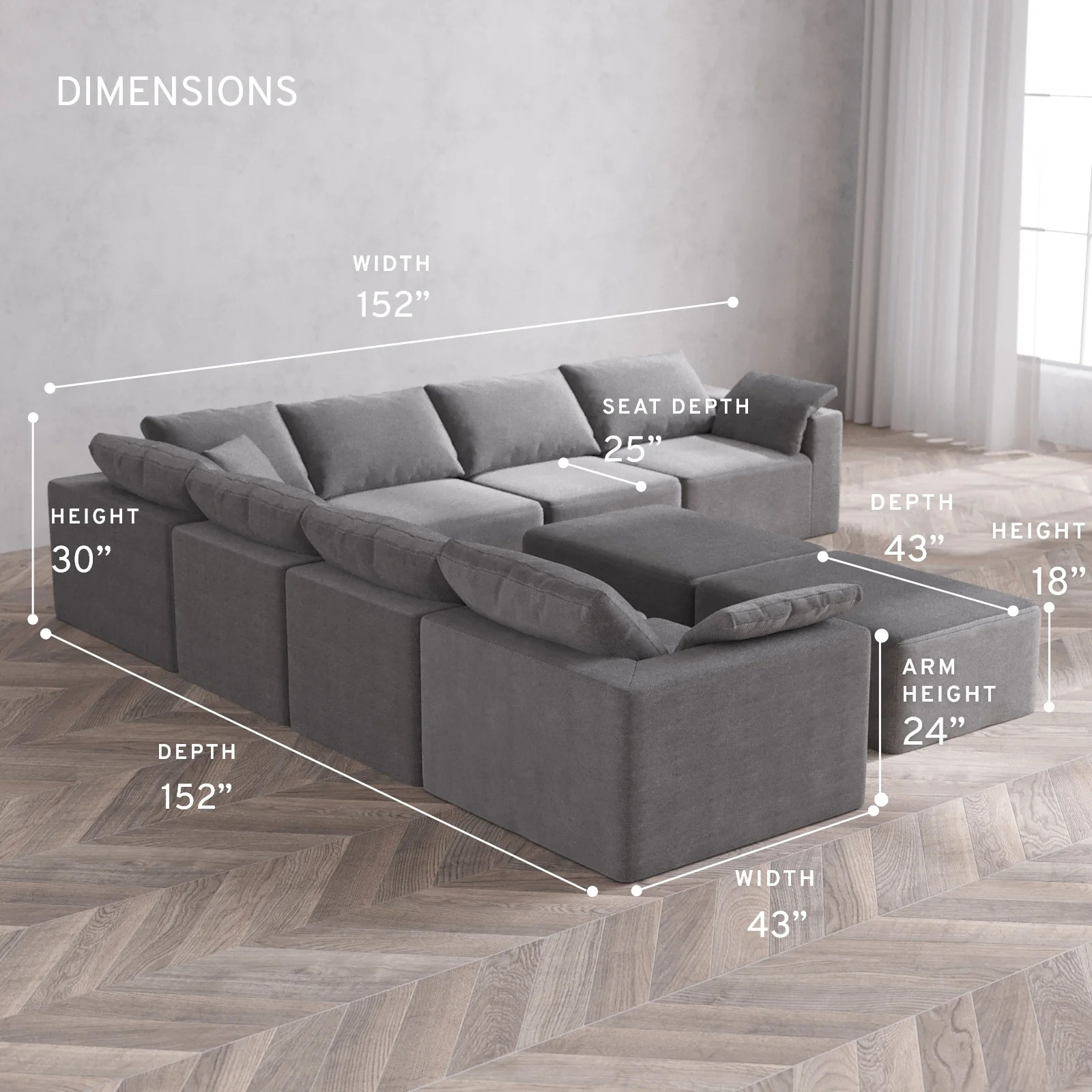 Modular Washable 7-Seater Corner Sectional + Chaise Ottoman Bench Cloud Sofa | Lux Weave in Slate - Image 5