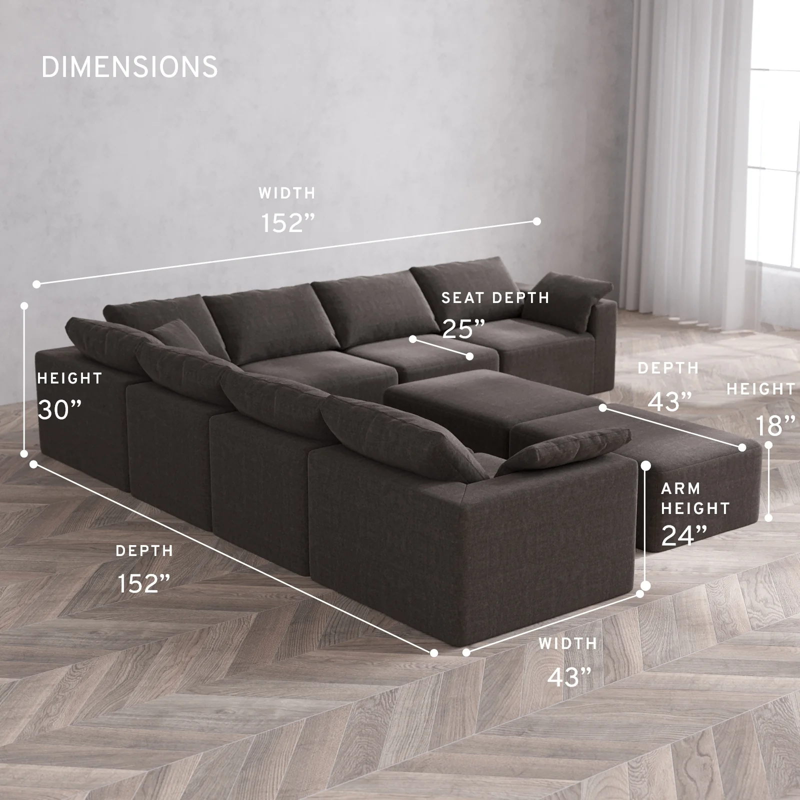 Modular Washable 7-Seater Corner Sectional + Chaise Ottoman Bench Cloud Sofa | Heirloom Velvet in Truffle - Image 5