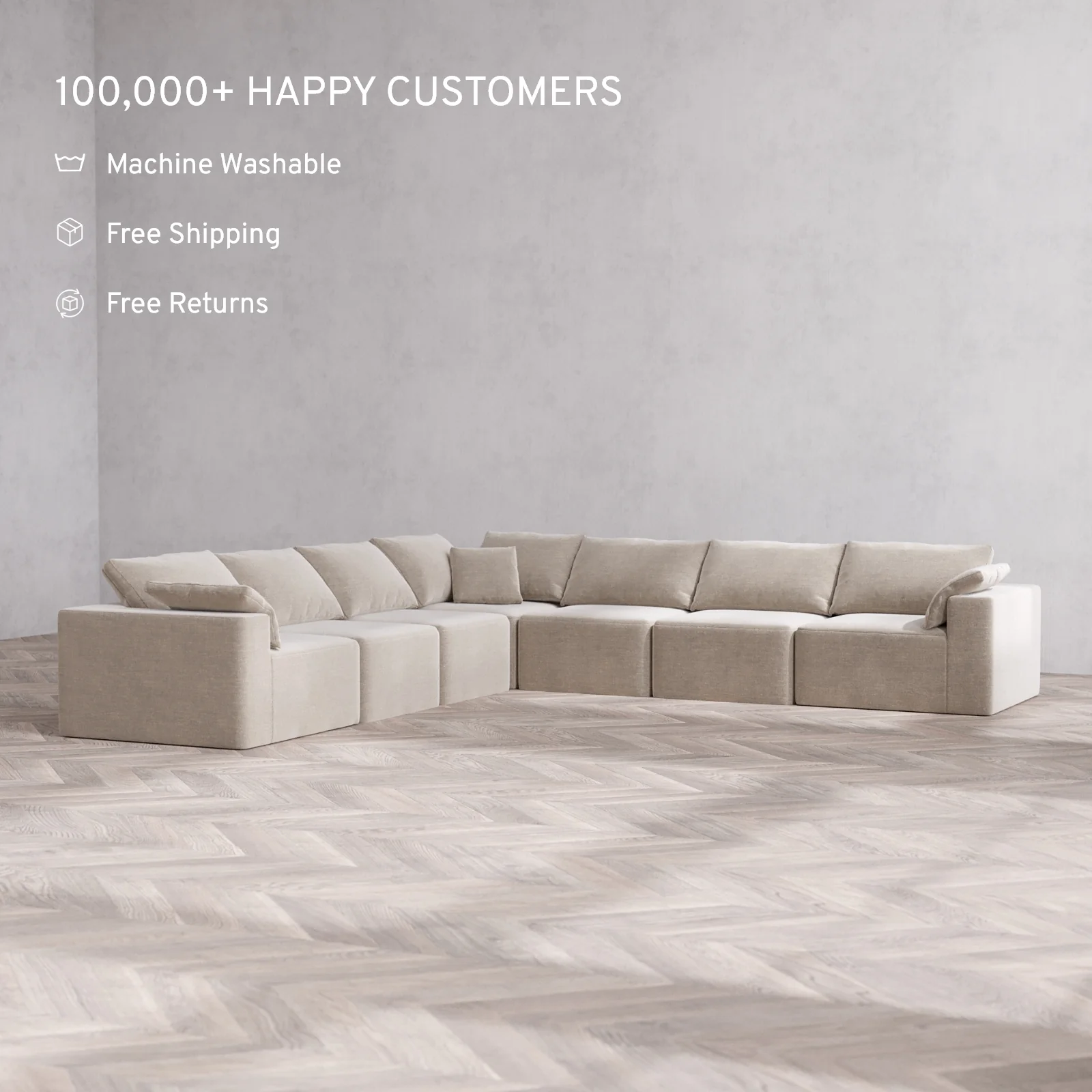 Modular Washable 7-Seater Corner Sectional Cloud Sofa | Satin Velvet in Caraway - Image 2
