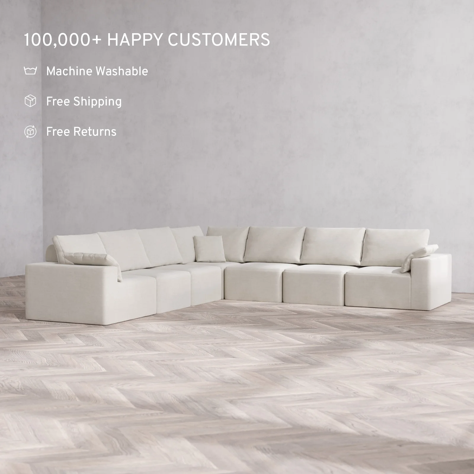 Modular Washable 7-Seater Corner Sectional Cloud + Bolster Sofa | Satin Velvet in Cashew - Image 2