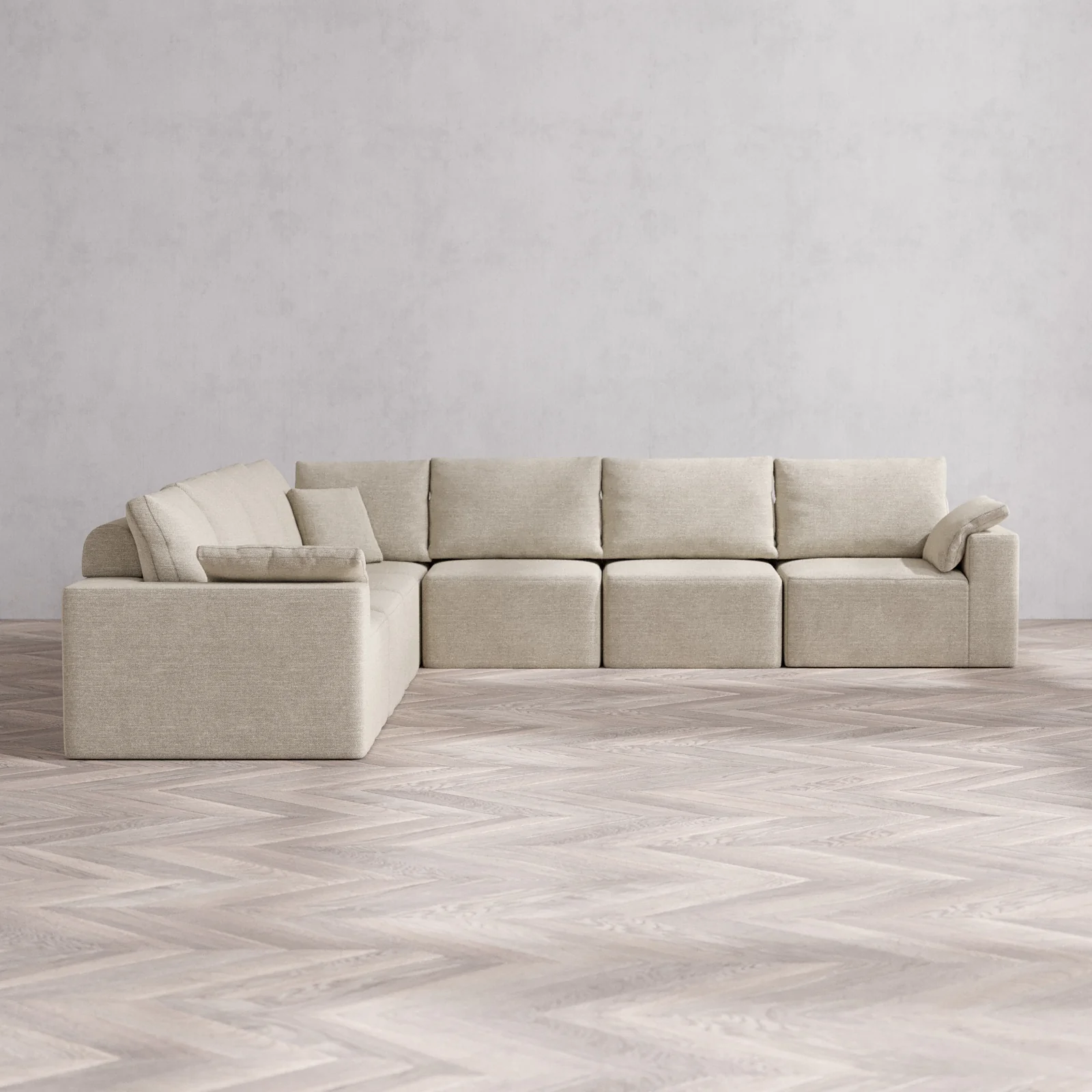 Modular Washable 7-Seater Corner Sectional Cloud + Bolster Sofa | Plush Twill in Sandstone