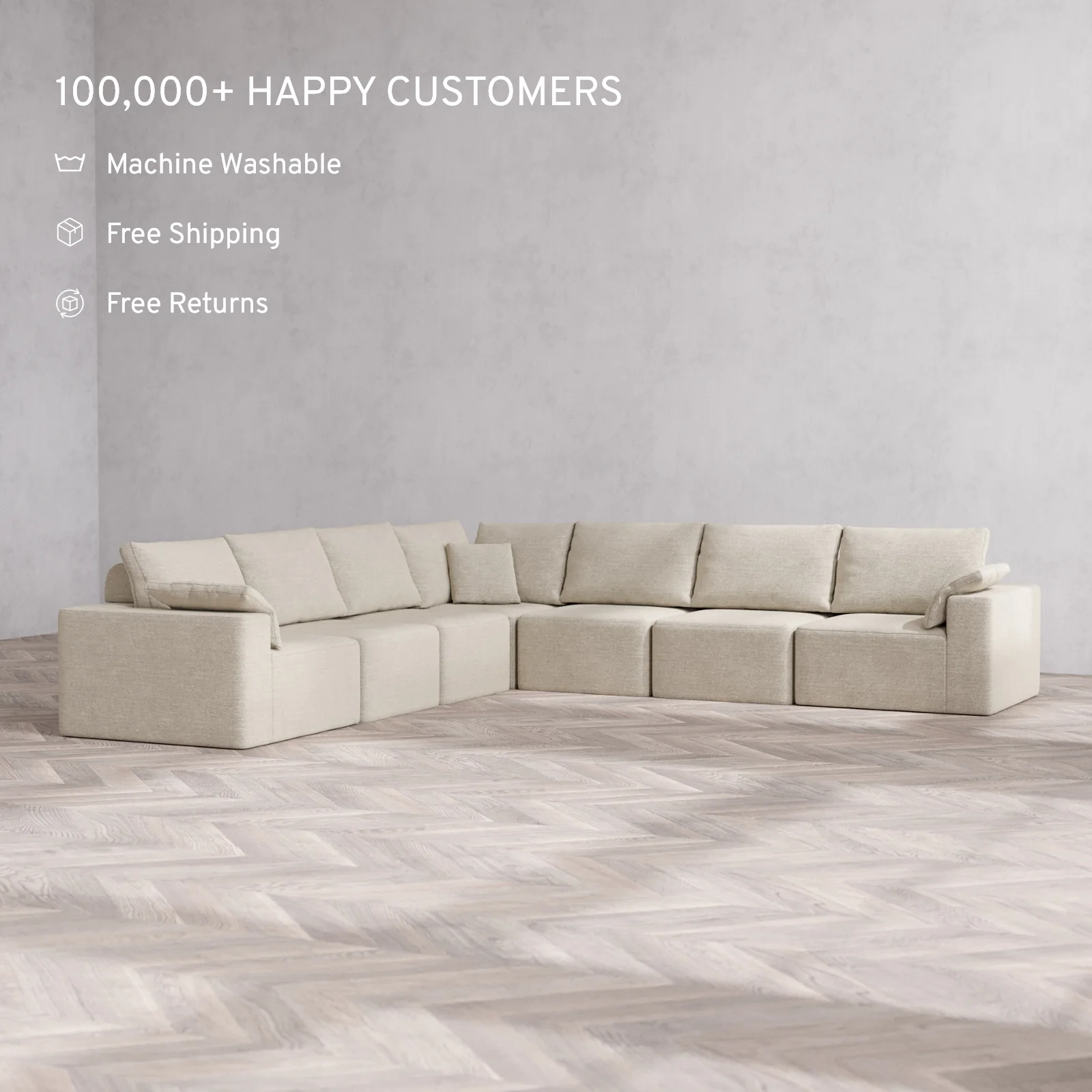 Modular Washable 7-Seater Corner Sectional Cloud + Bolster Sofa | Plush Twill in Sandstone - Image 2