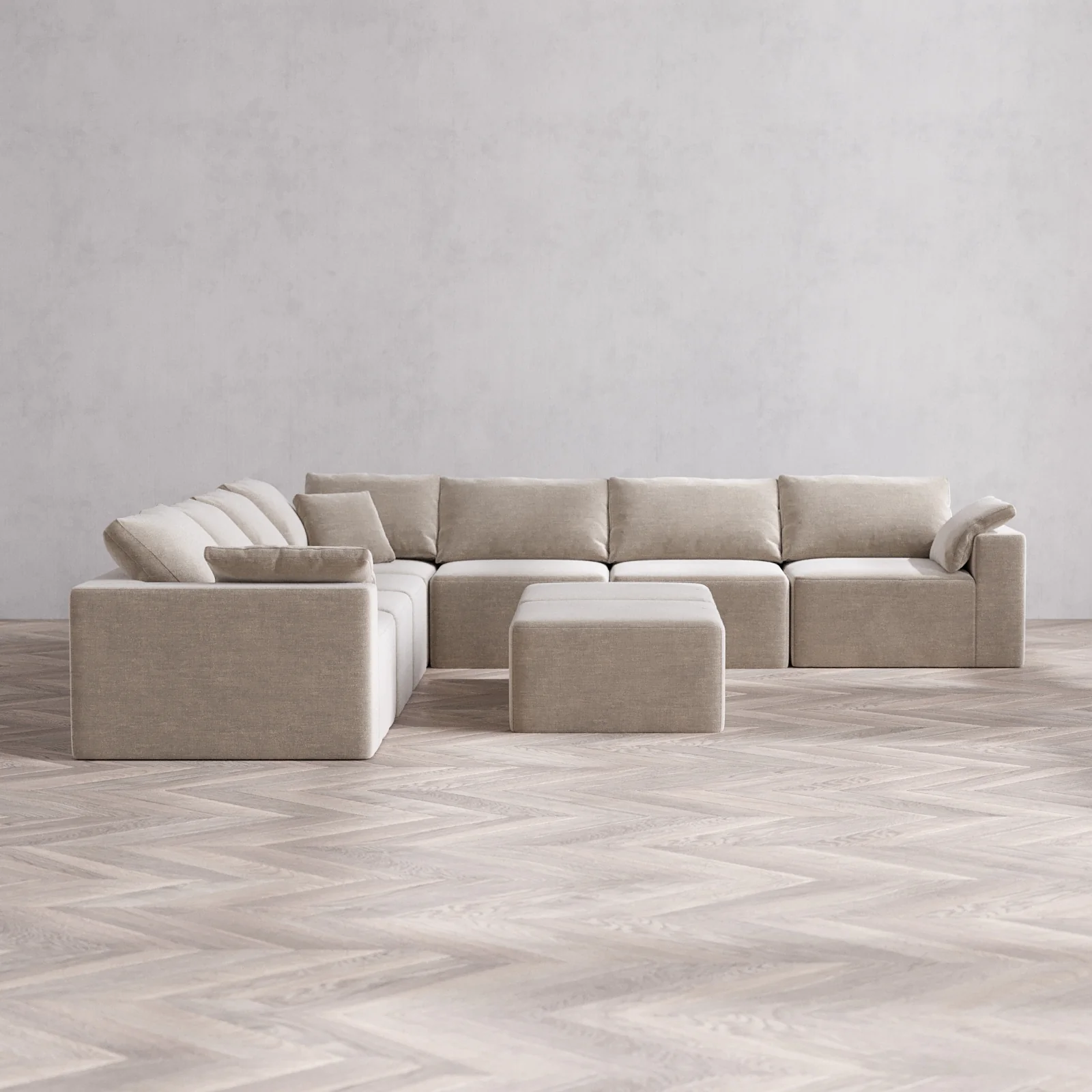 Modular Washable 7-Seater Corner Sectional + Ottoman Bench Cloud Sofa | Satin Velvet in Caraway