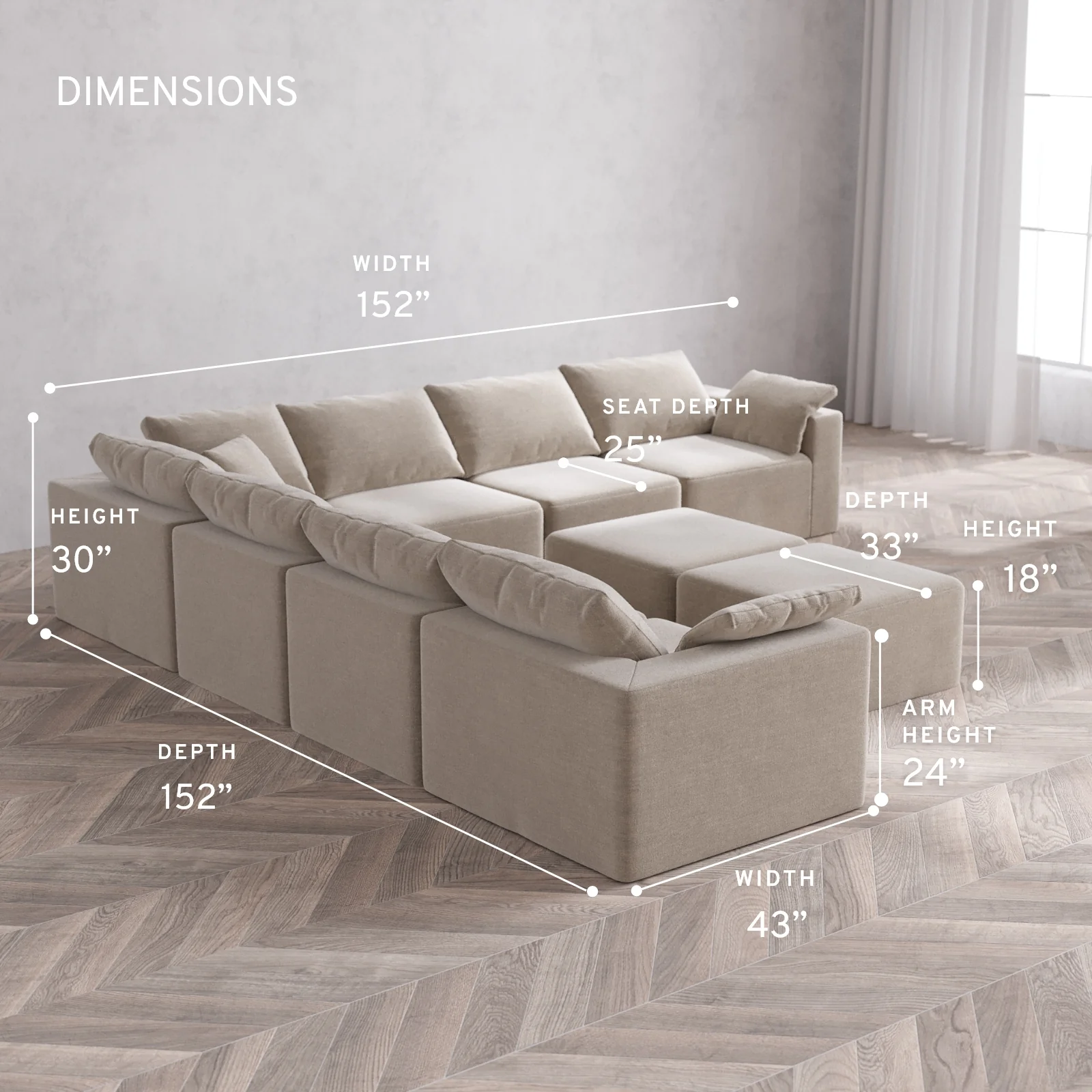 Modular Washable 7-Seater Corner Sectional + Ottoman Bench Cloud Sofa | Satin Velvet in Caraway - Image 5