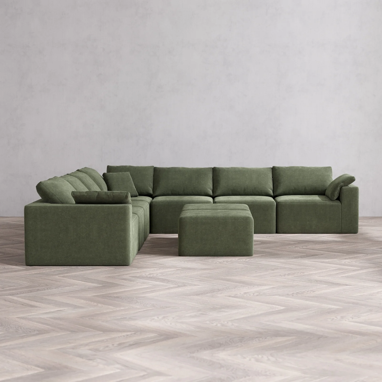 Modular Washable 7-Seater Corner Sectional + Ottoman Bench Cloud Sofa | Luxe Corduroy in Juniper