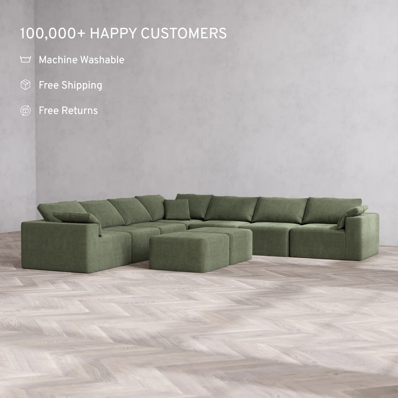 Modular Washable 7-Seater Corner Sectional + Ottoman Bench Cloud Sofa | Luxe Corduroy in Juniper - Image 2