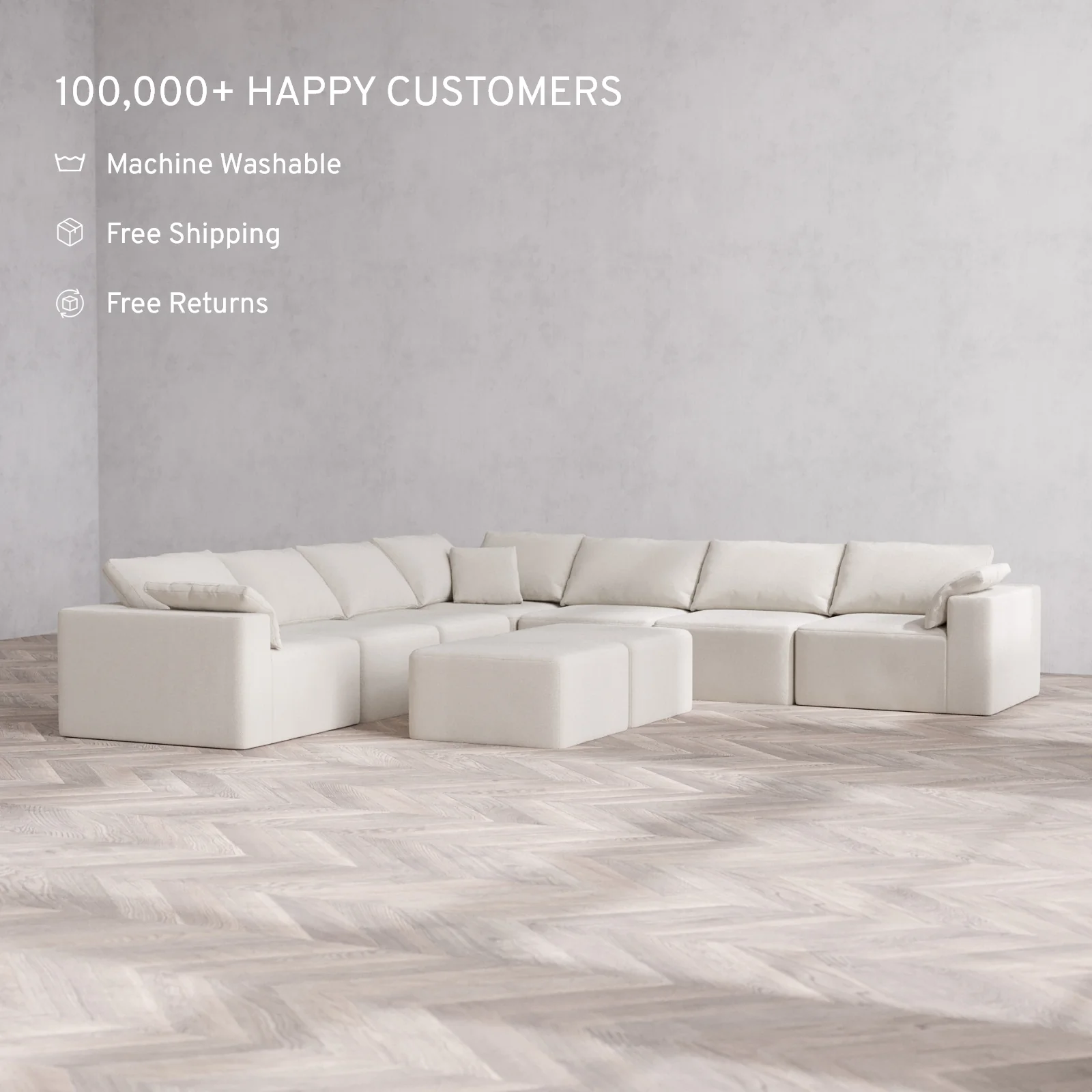 Modular Washable 7-Seater Corner Sectional + Ottoman Bench Cloud Sofa | Lux Weave in Pearl - Image 2