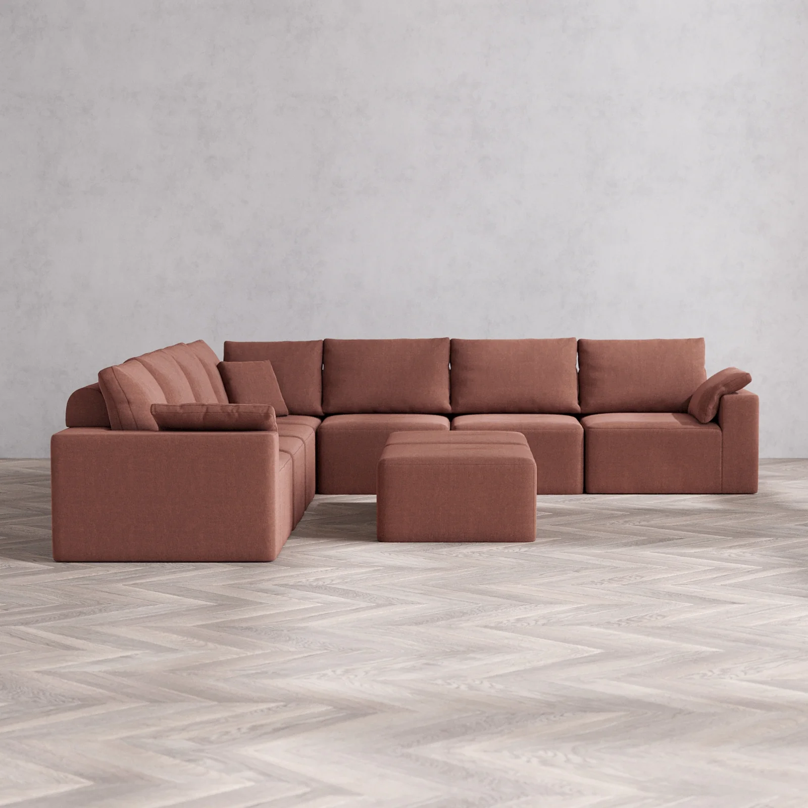Modular Washable 7-Seater Corner Sectional + Ottoman Bench Cloud + Bolster Sofa | Heirloom Velvet in Sumac
