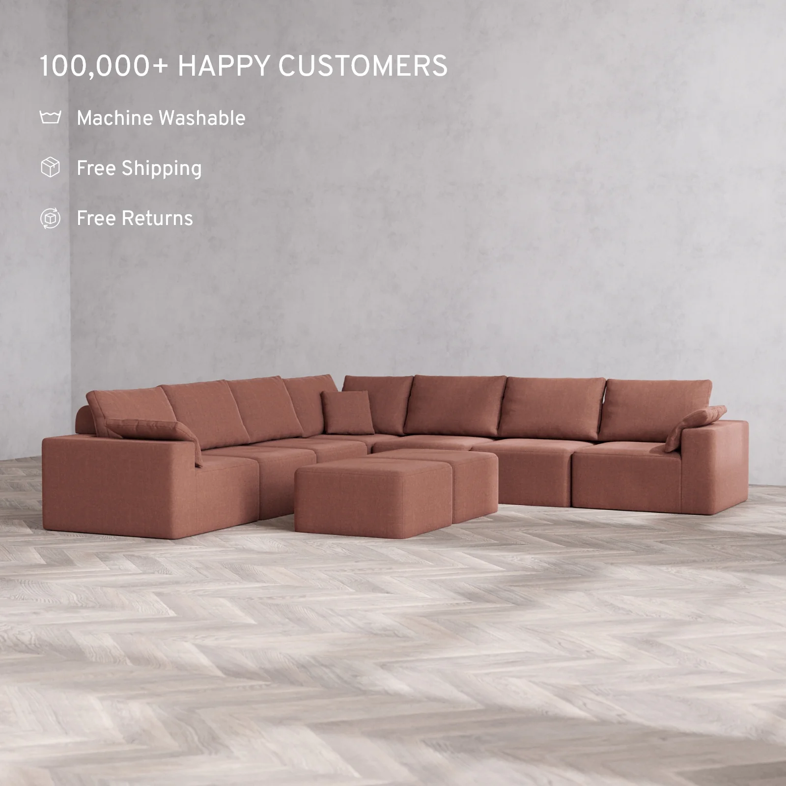 Modular Washable 7-Seater Corner Sectional + Ottoman Bench Cloud + Bolster Sofa | Heirloom Velvet in Sumac - Image 2