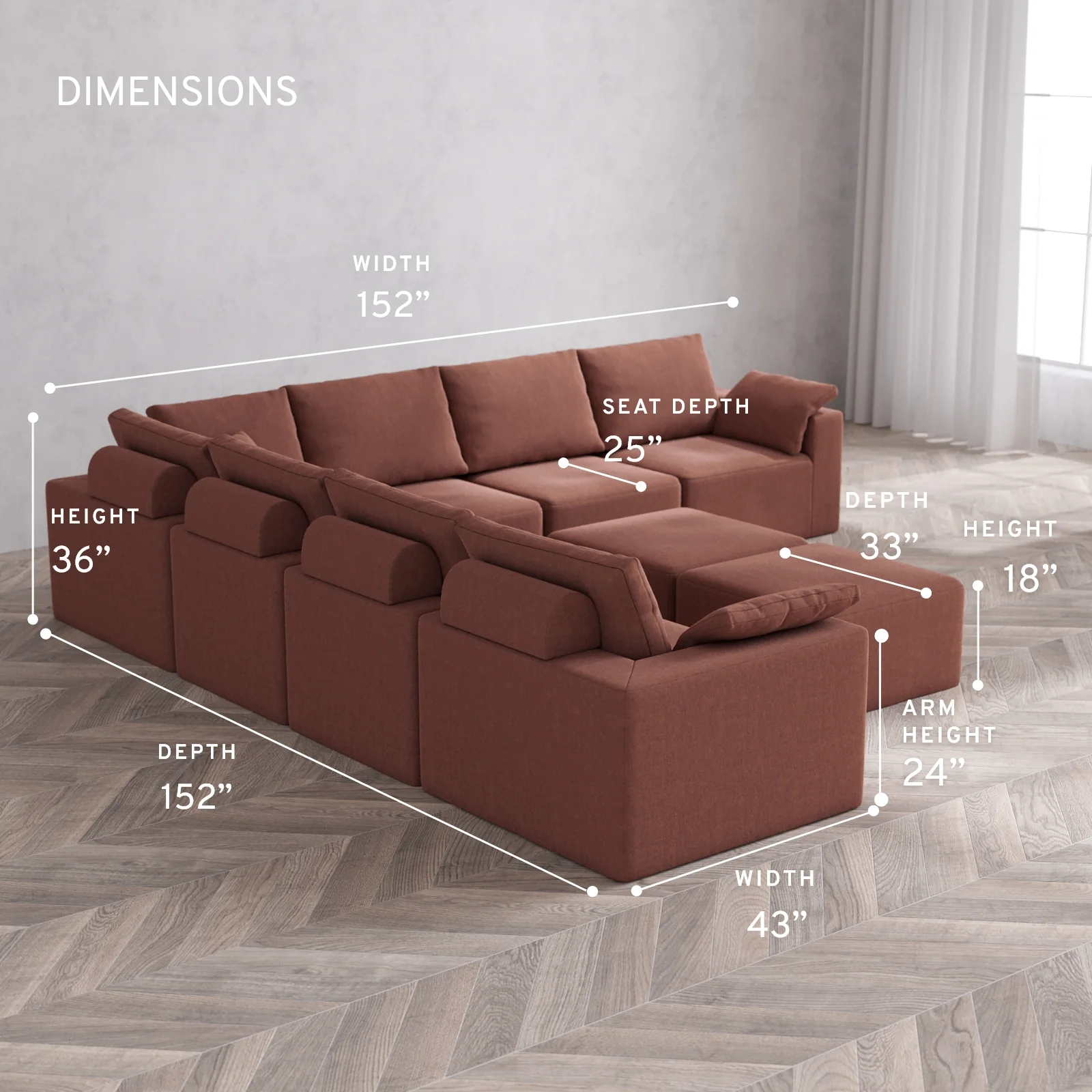 Modular Washable 7-Seater Corner Sectional + Ottoman Bench Cloud + Bolster Sofa | Heirloom Velvet in Sumac - Image 5