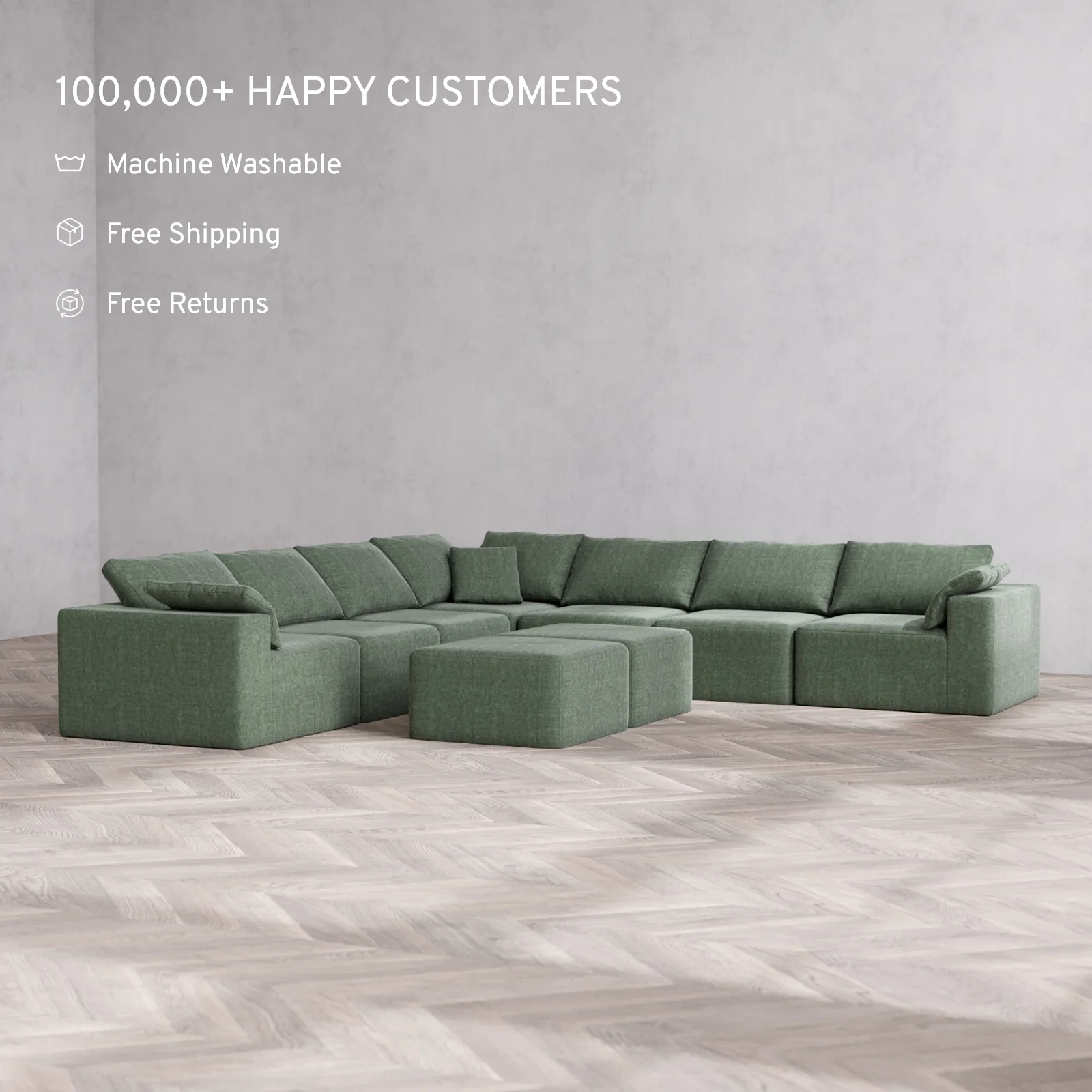 Modular Washable 7-Seater Corner Sectional + Ottoman Bench Cloud Sofa | Heirloom Velvet in Sage - Image 2