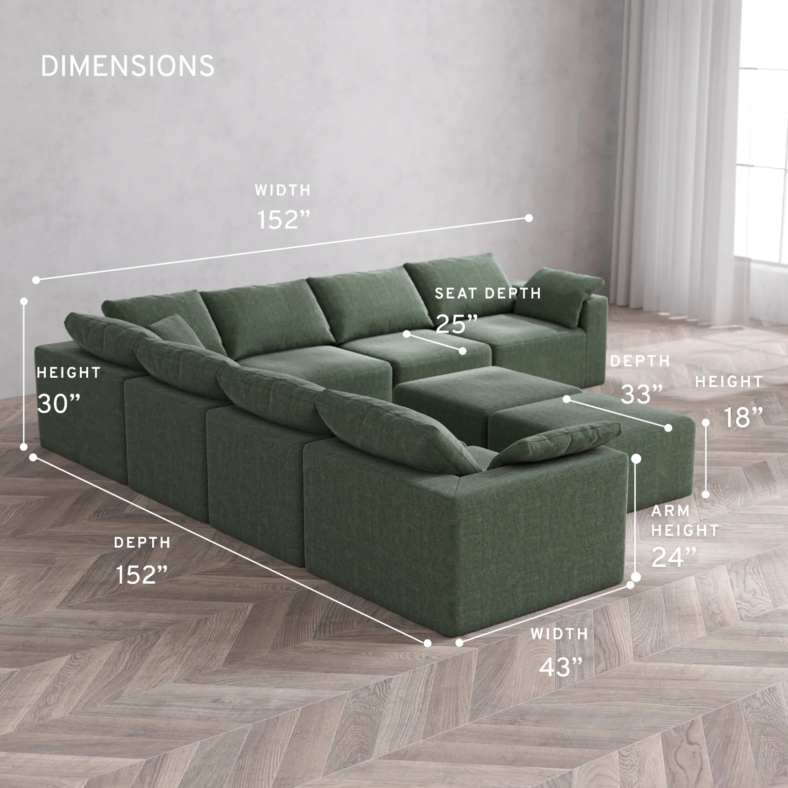 Modular Washable 7-Seater Corner Sectional + Ottoman Bench Cloud Sofa | Heirloom Velvet in Sage - Image 5