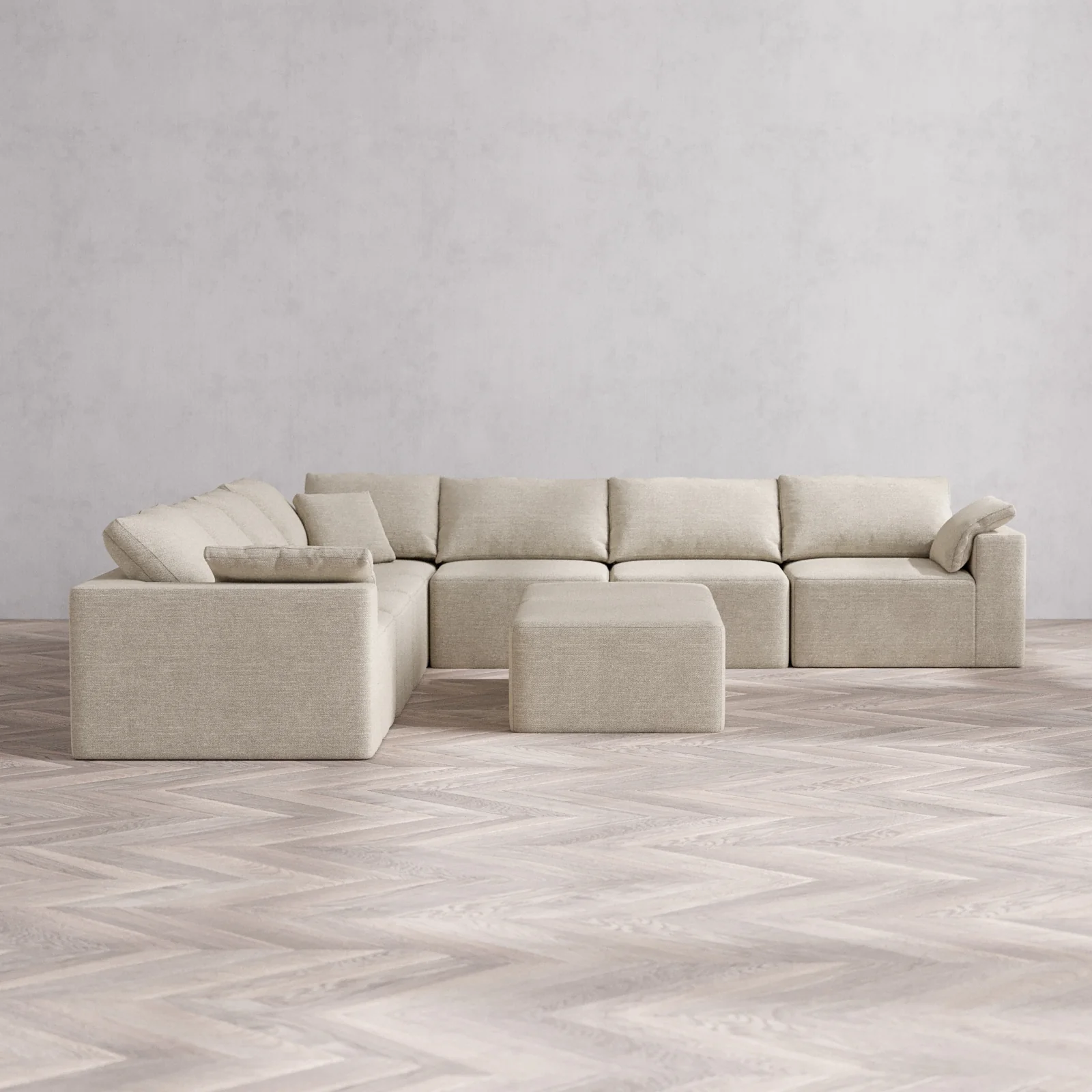 Modular Washable 7-Seater Corner Sectional + Ottoman Bench Cloud Sofa | Plush Twill in Sandstone