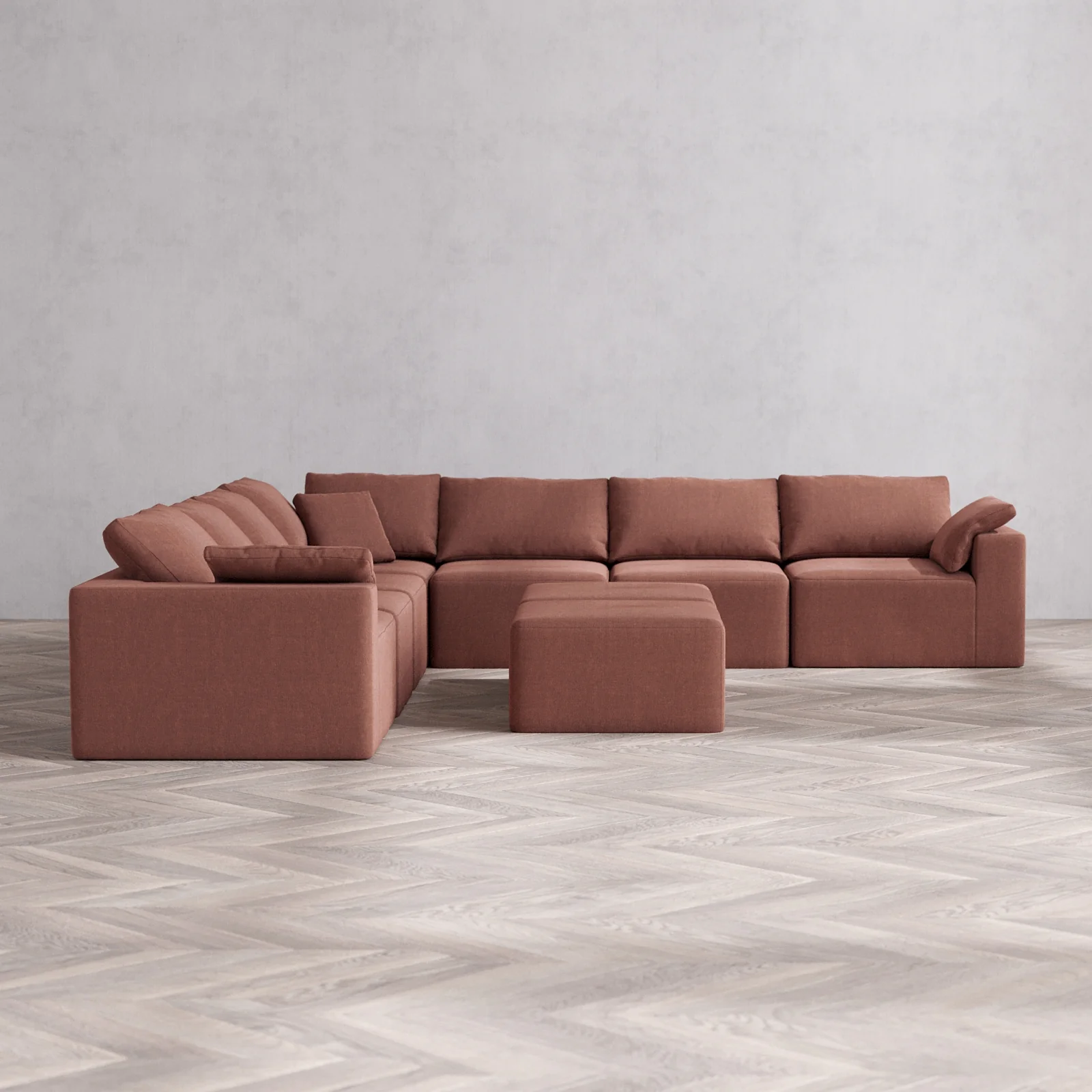 Modular Washable 7-Seater Corner Sectional + Ottoman Bench Cloud Sofa | Heirloom Velvet in Sumac