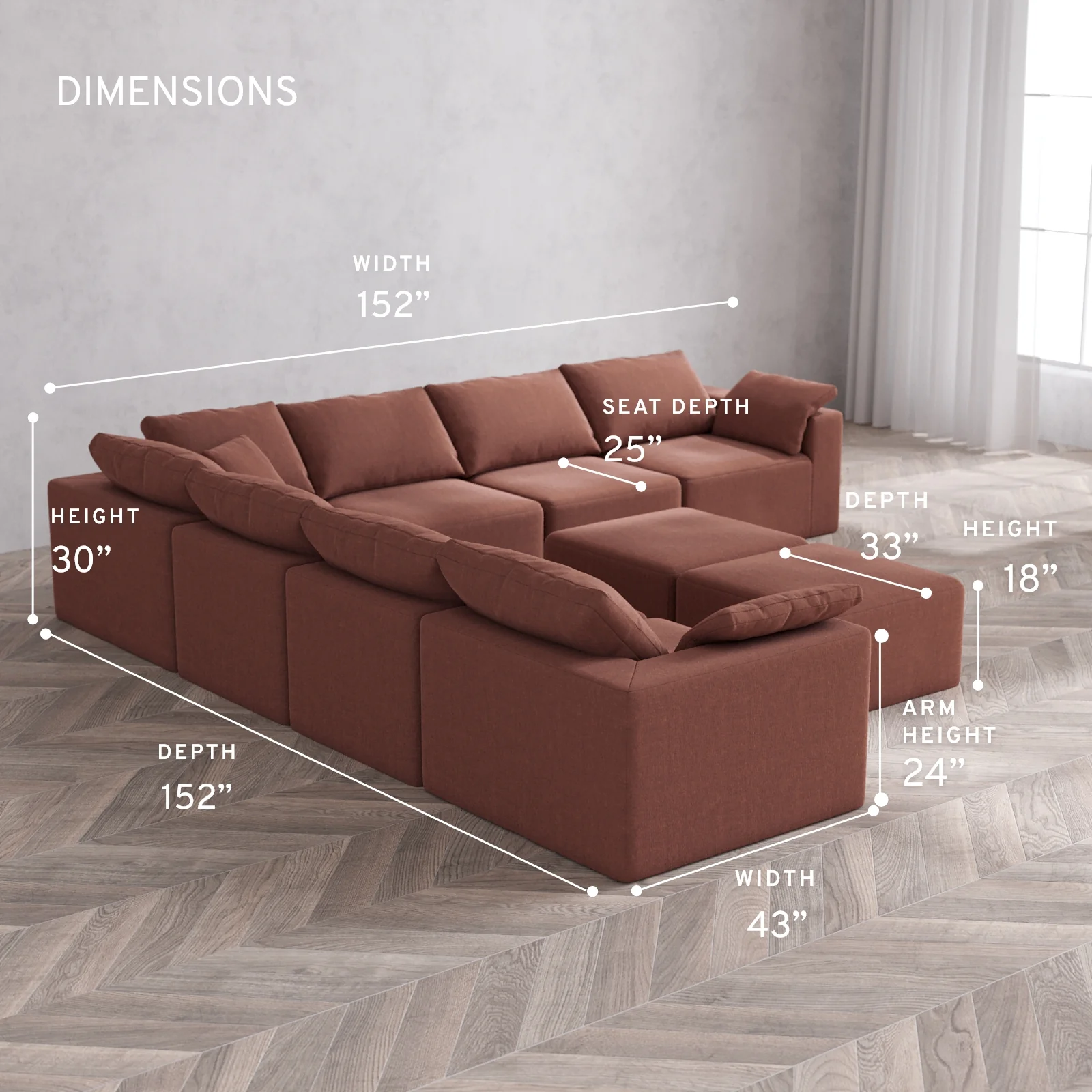 Modular Washable 7-Seater Corner Sectional + Ottoman Bench Cloud Sofa | Heirloom Velvet in Sumac - Image 5