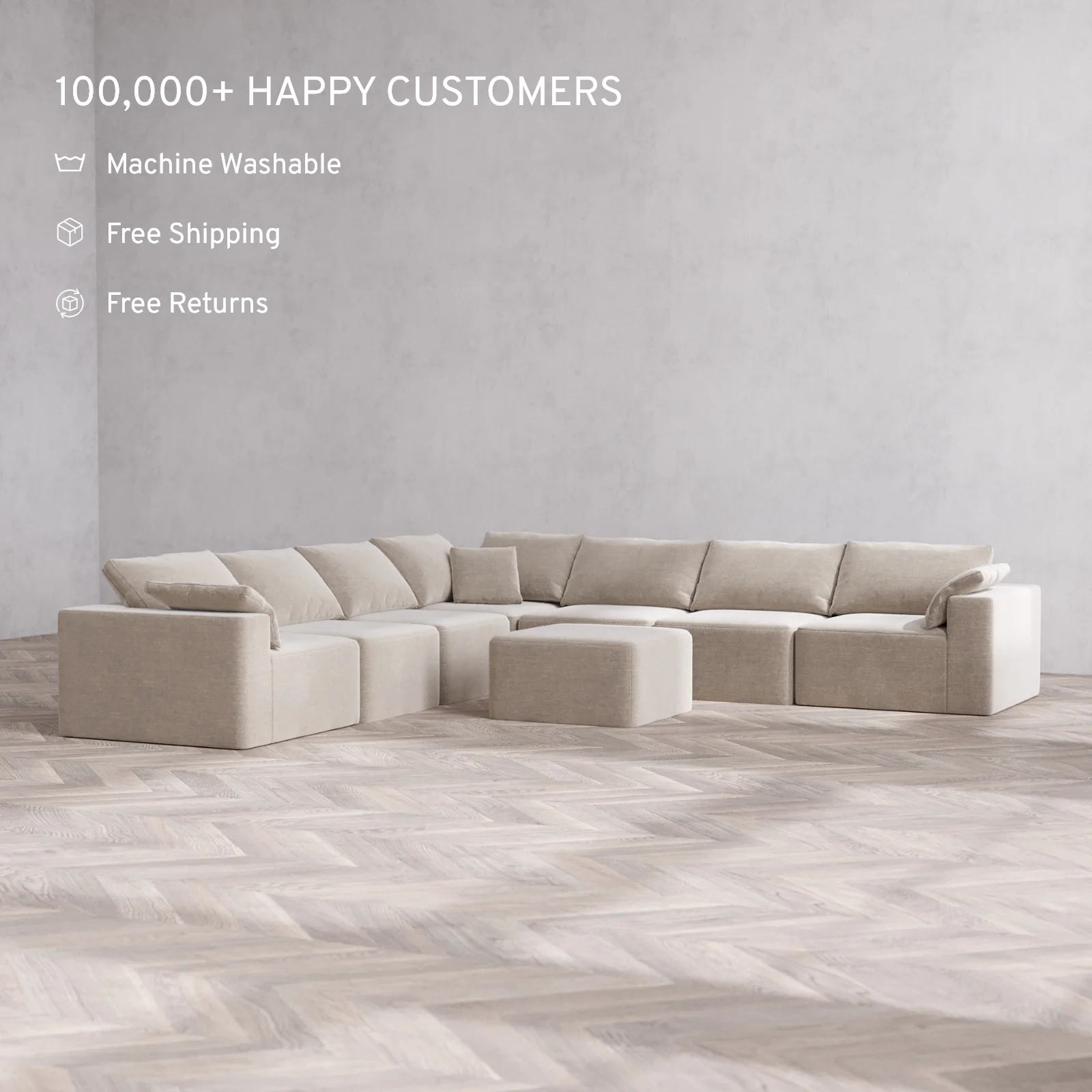 Modular Washable 7-Seater Corner Sectional + Ottoman Cloud Sofa | Satin Velvet in Caraway - Image 2