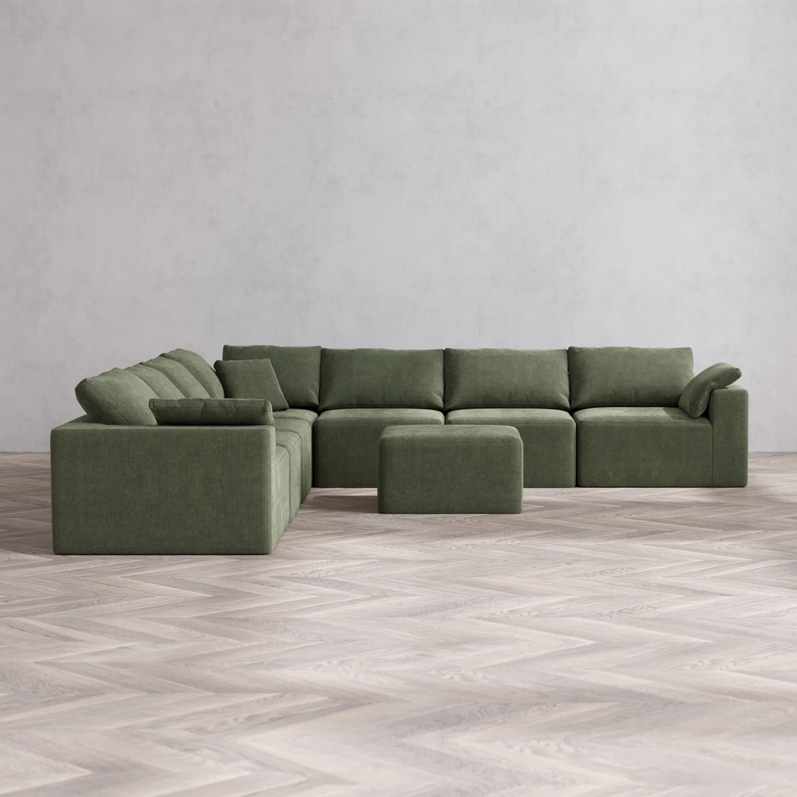 Modular Washable 7-Seater Corner Sectional + Ottoman Cloud Sofa | Luxe Corduroy in Juniper