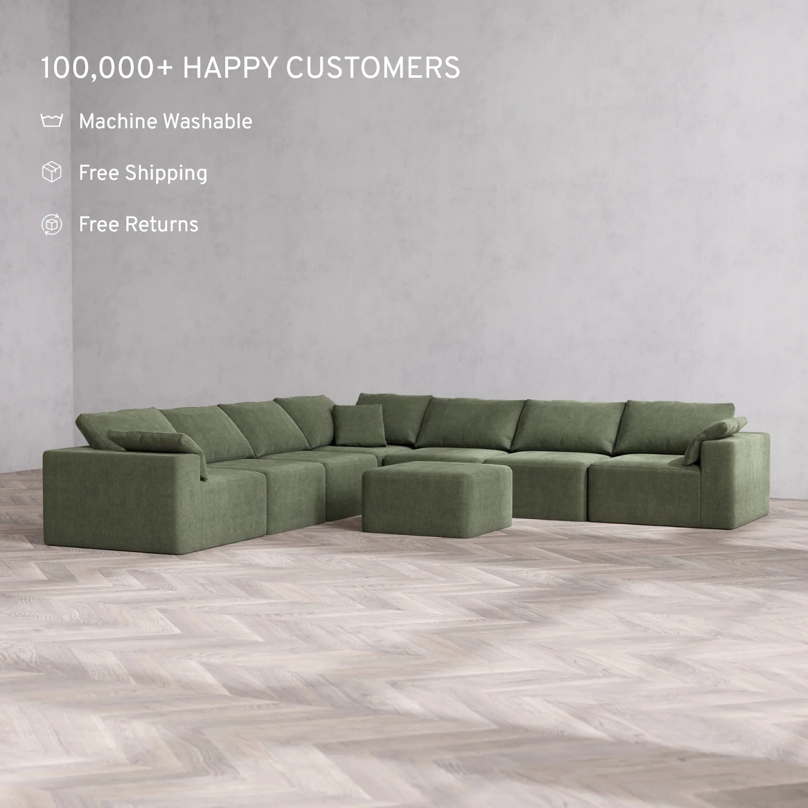 Modular Washable 7-Seater Corner Sectional + Ottoman Cloud Sofa | Luxe Corduroy in Juniper - Image 2
