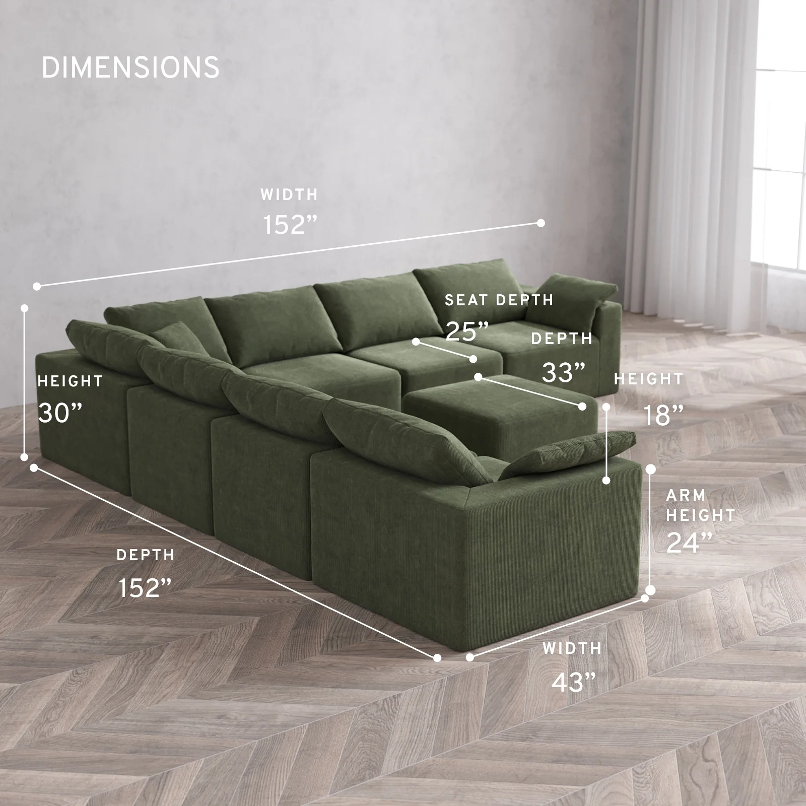 Modular Washable 7-Seater Corner Sectional + Ottoman Cloud Sofa | Luxe Corduroy in Juniper - Image 5