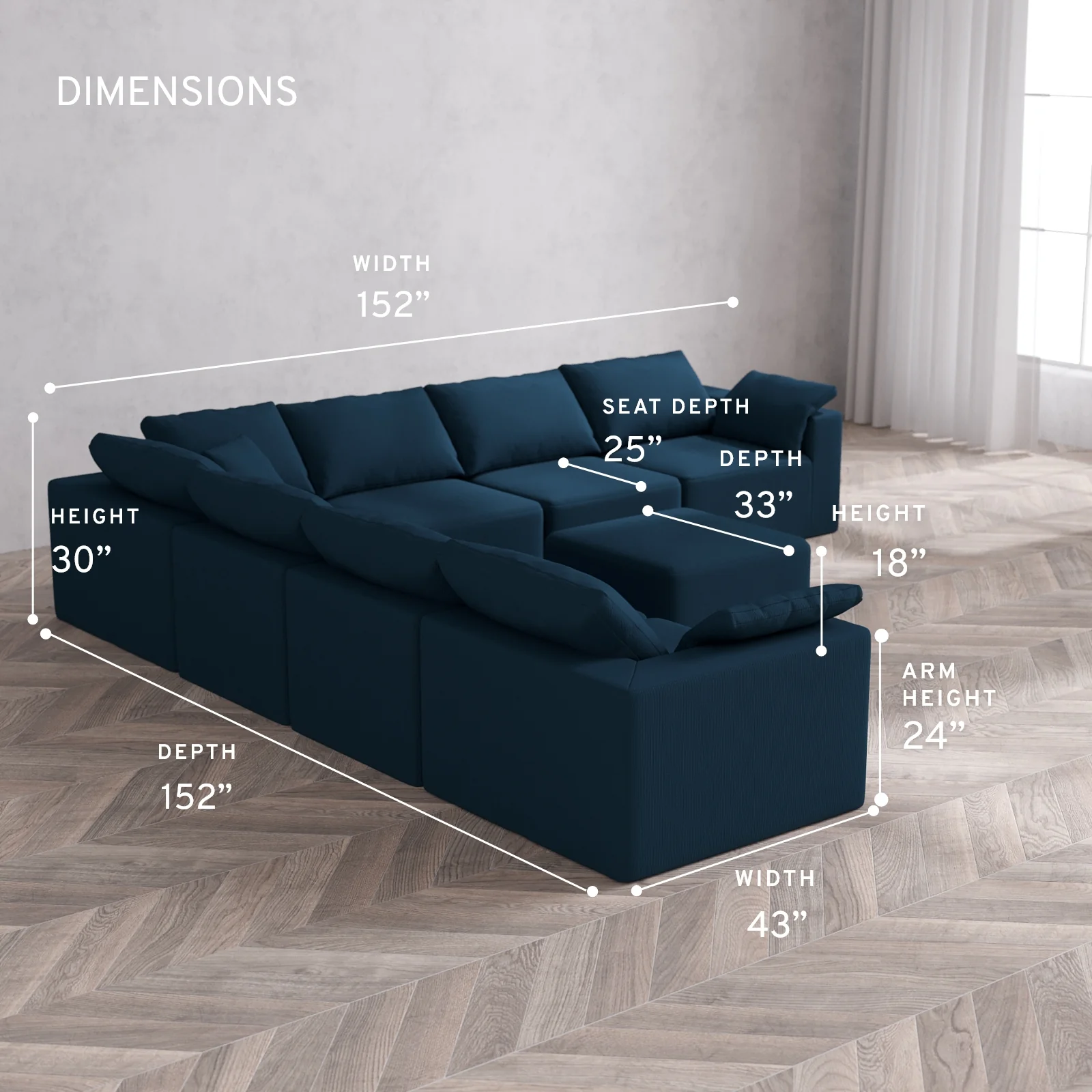 Modular Washable 7-Seater Corner Sectional + Ottoman Cloud Sofa | Arden Weave in Lazuli - Image 5