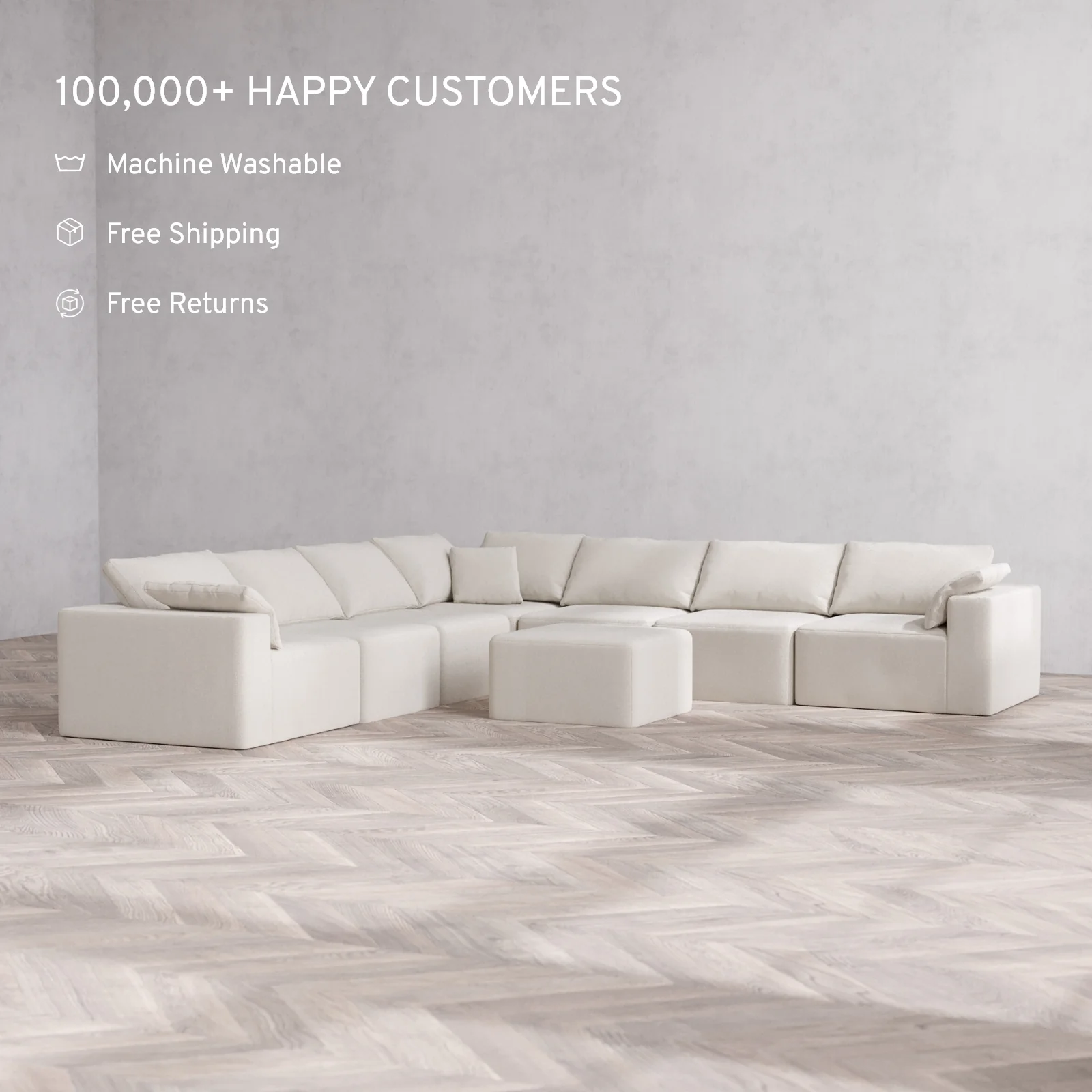 Modular Washable 7-Seater Corner Sectional + Ottoman Cloud Sofa | Lux Weave in Pearl - Image 2