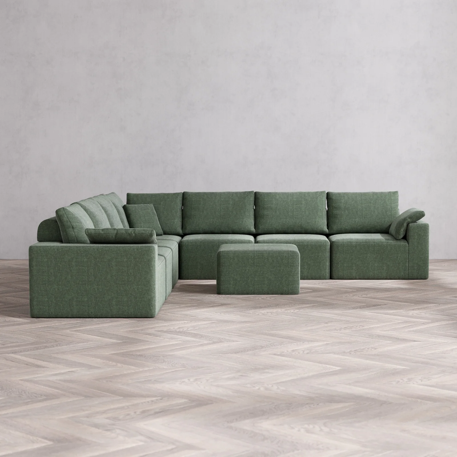 Modular Washable 7-Seater Corner Sectional + Ottoman Cloud + Bolster Sofa | Heirloom Velvet in Sage