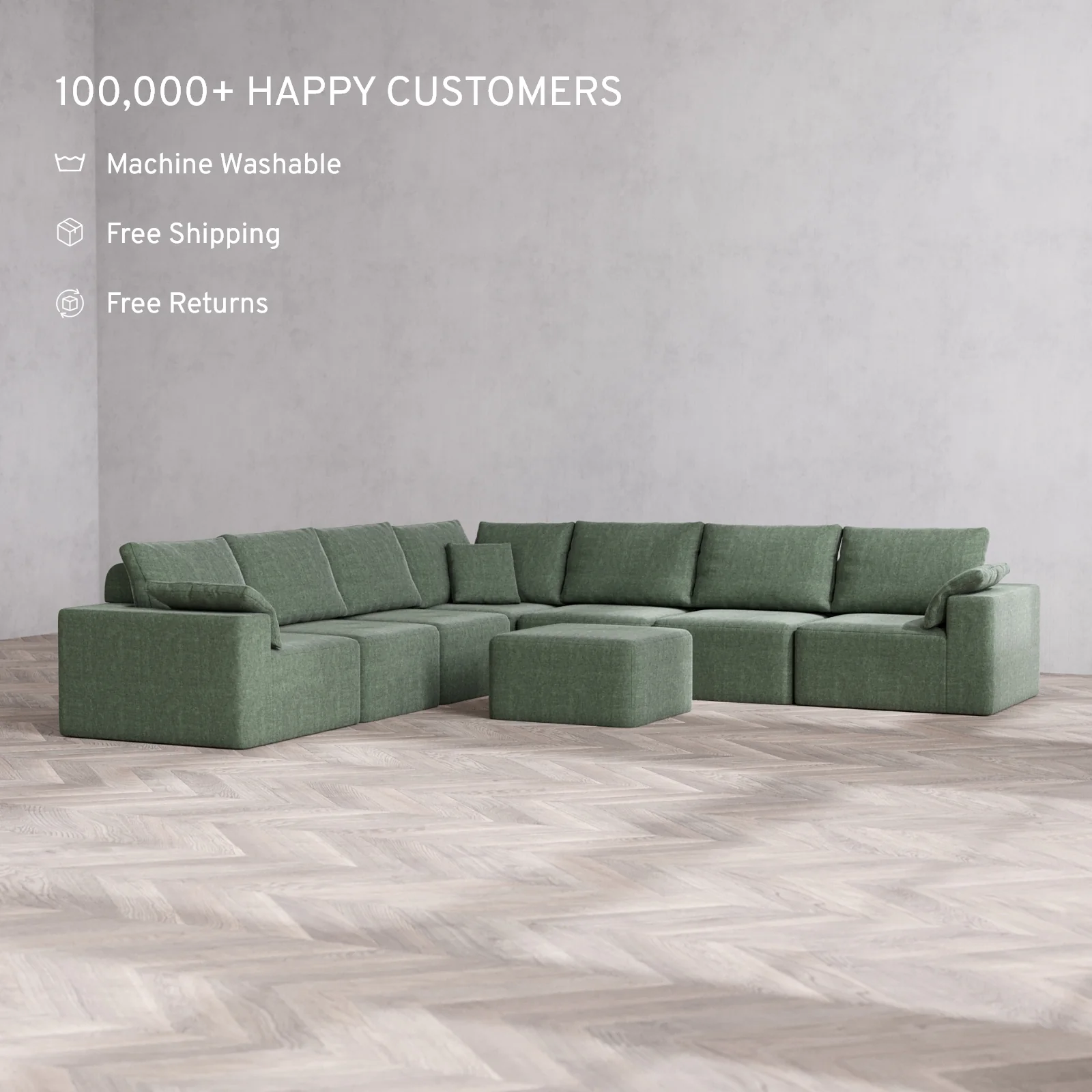 Modular Washable 7-Seater Corner Sectional + Ottoman Cloud + Bolster Sofa | Heirloom Velvet in Sage - Image 2
