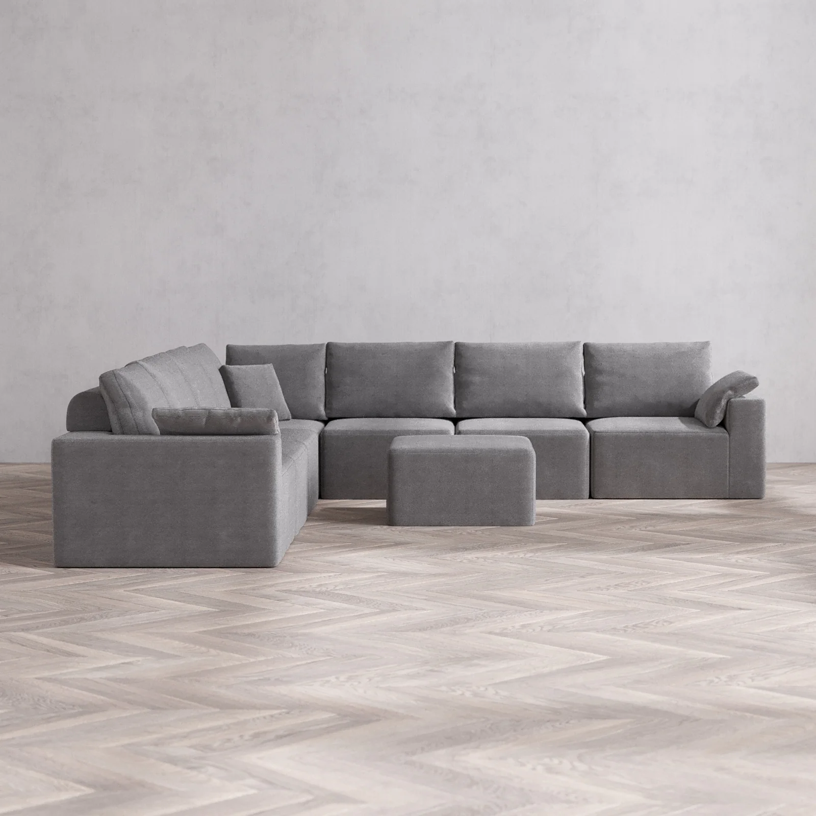 Modular Washable 7-Seater Corner Sectional + Ottoman Cloud + Bolster Sofa | Lux Weave in Slate