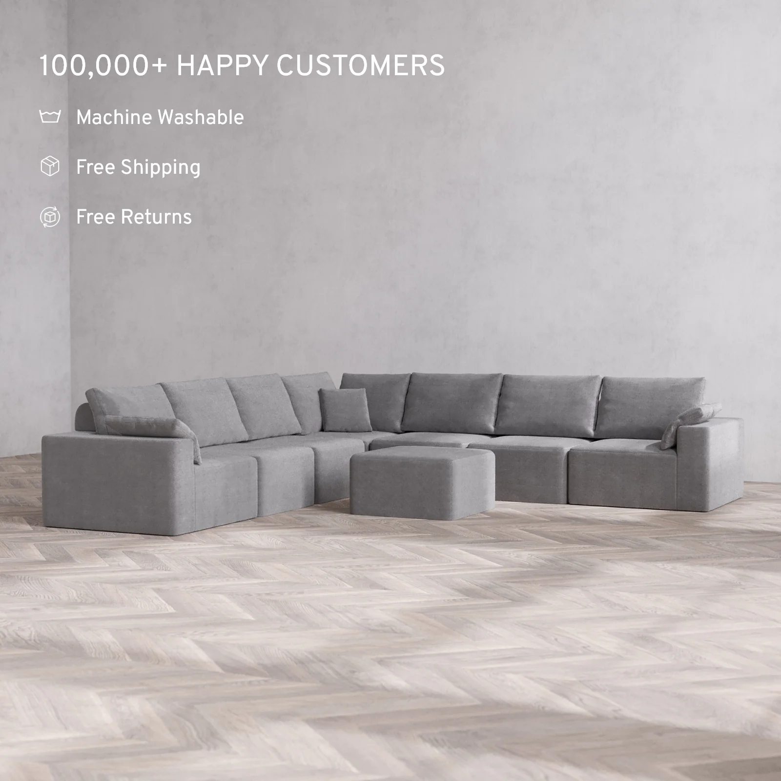 Modular Washable 7-Seater Corner Sectional + Ottoman Cloud + Bolster Sofa | Lux Weave in Slate - Image 2