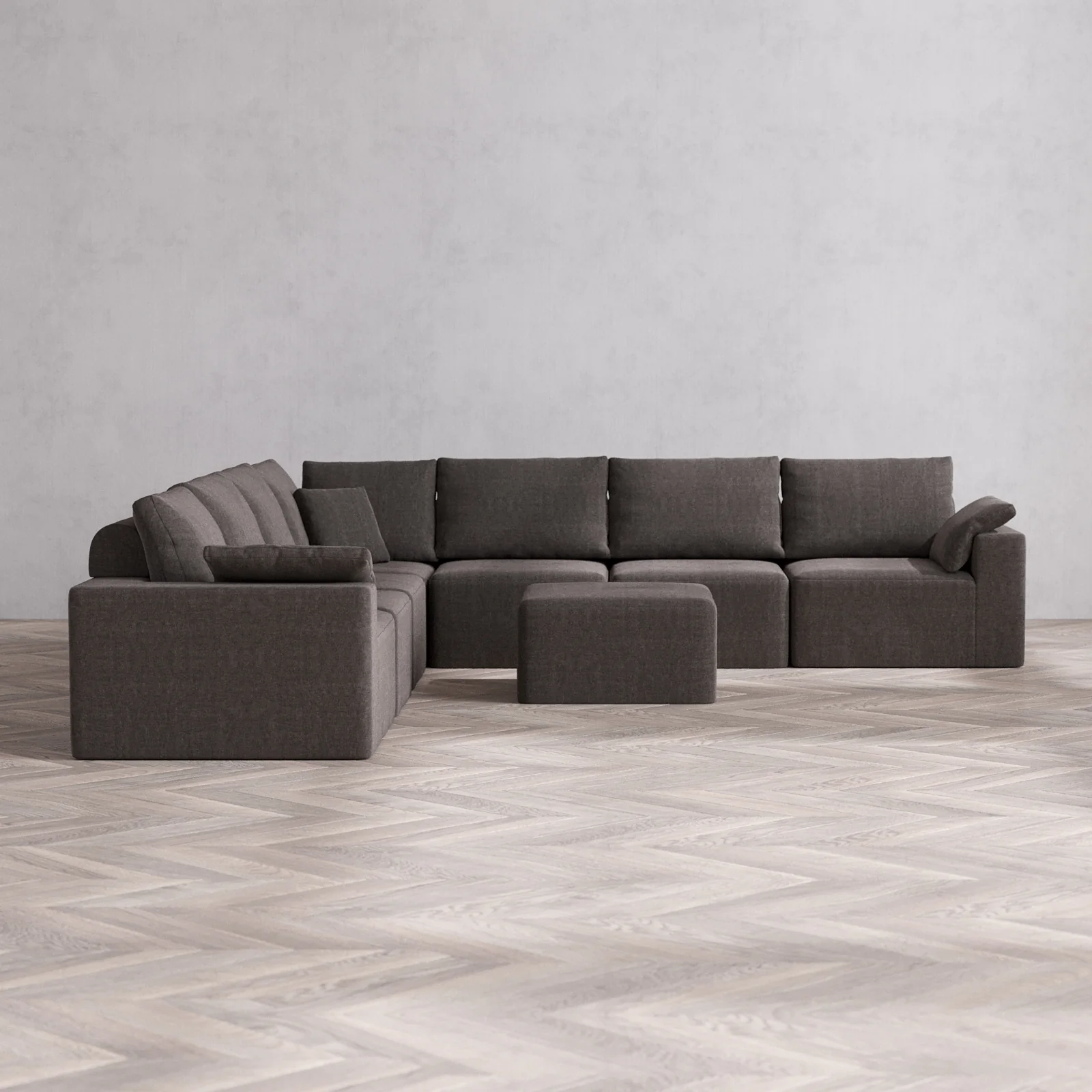 Modular Washable 7-Seater Corner Sectional + Ottoman Cloud + Bolster Sofa | Heirloom Velvet in Truffle