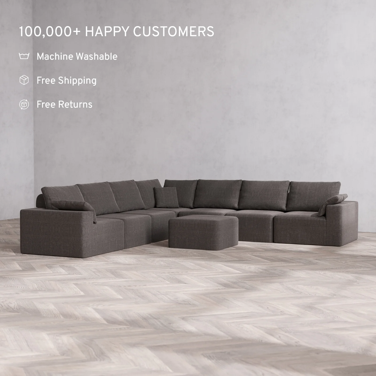 Modular Washable 7-Seater Corner Sectional + Ottoman Cloud + Bolster Sofa | Heirloom Velvet in Truffle - Image 2