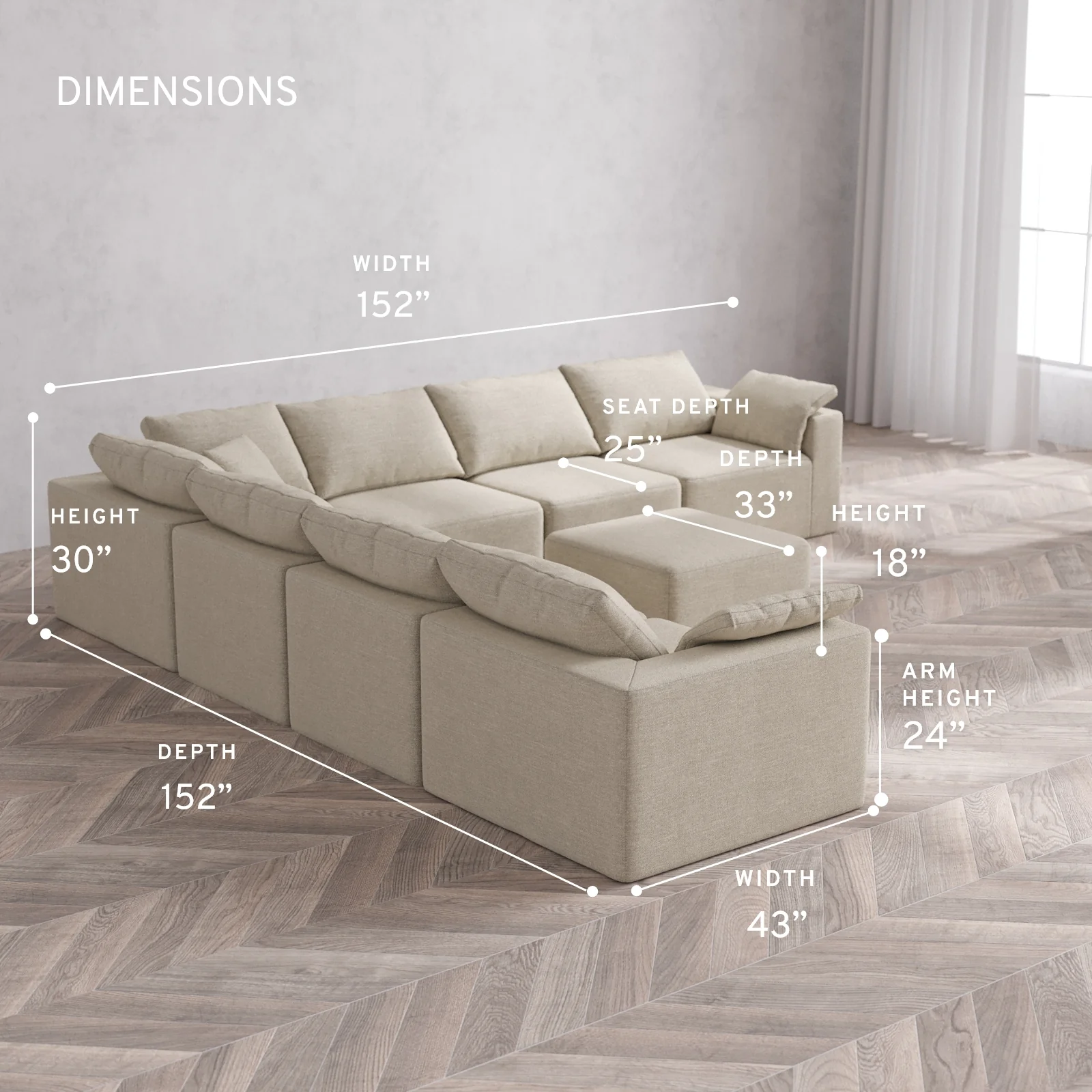 Modular Washable 7-Seater Corner Sectional + Ottoman Cloud Sofa | Plush Twill in Sandstone - Image 5