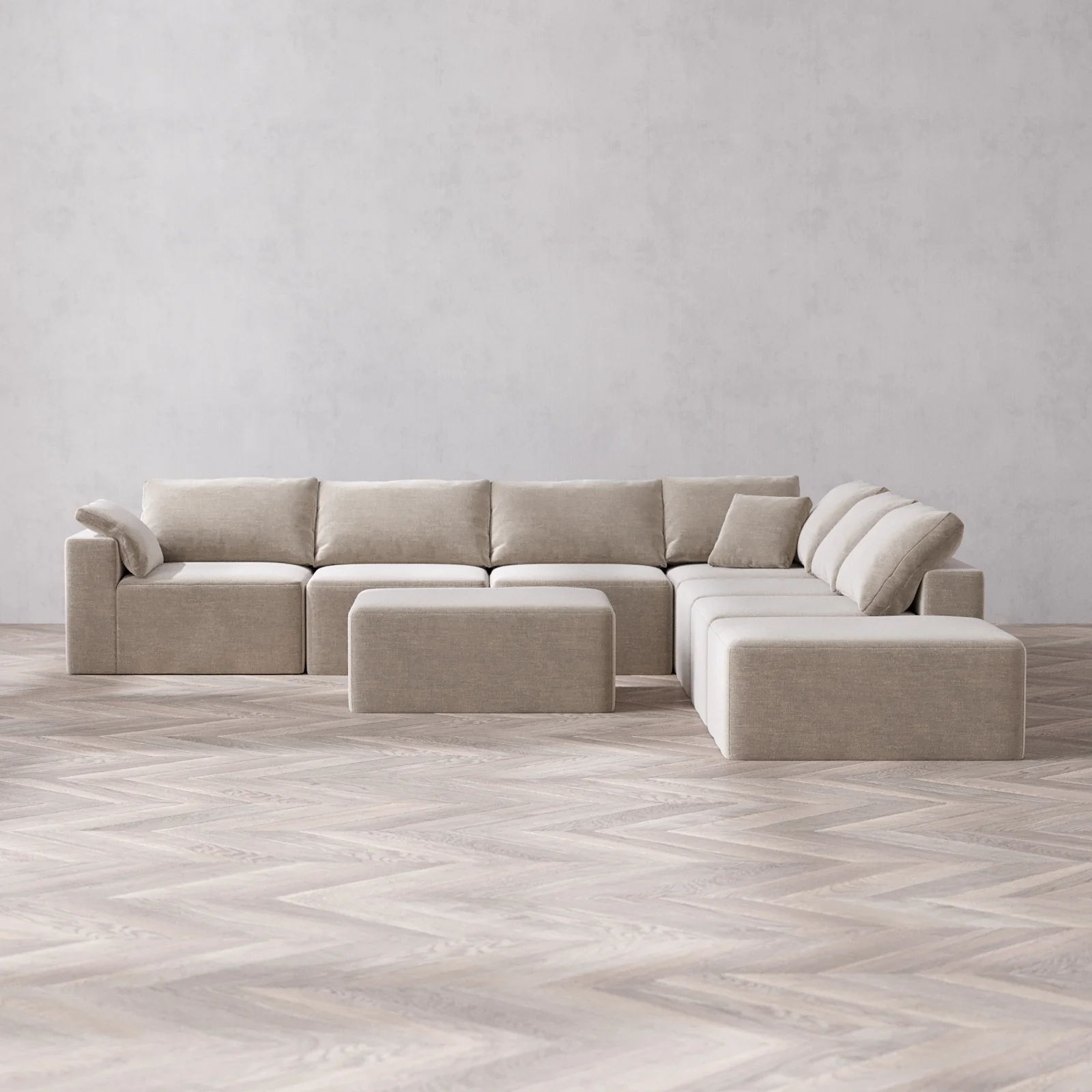Modular Washable 7-Seater Open End Corner Sectional + Chaise Ottoman Cloud Sofa | Left-Facing Arm | Satin Velvet in Caraway