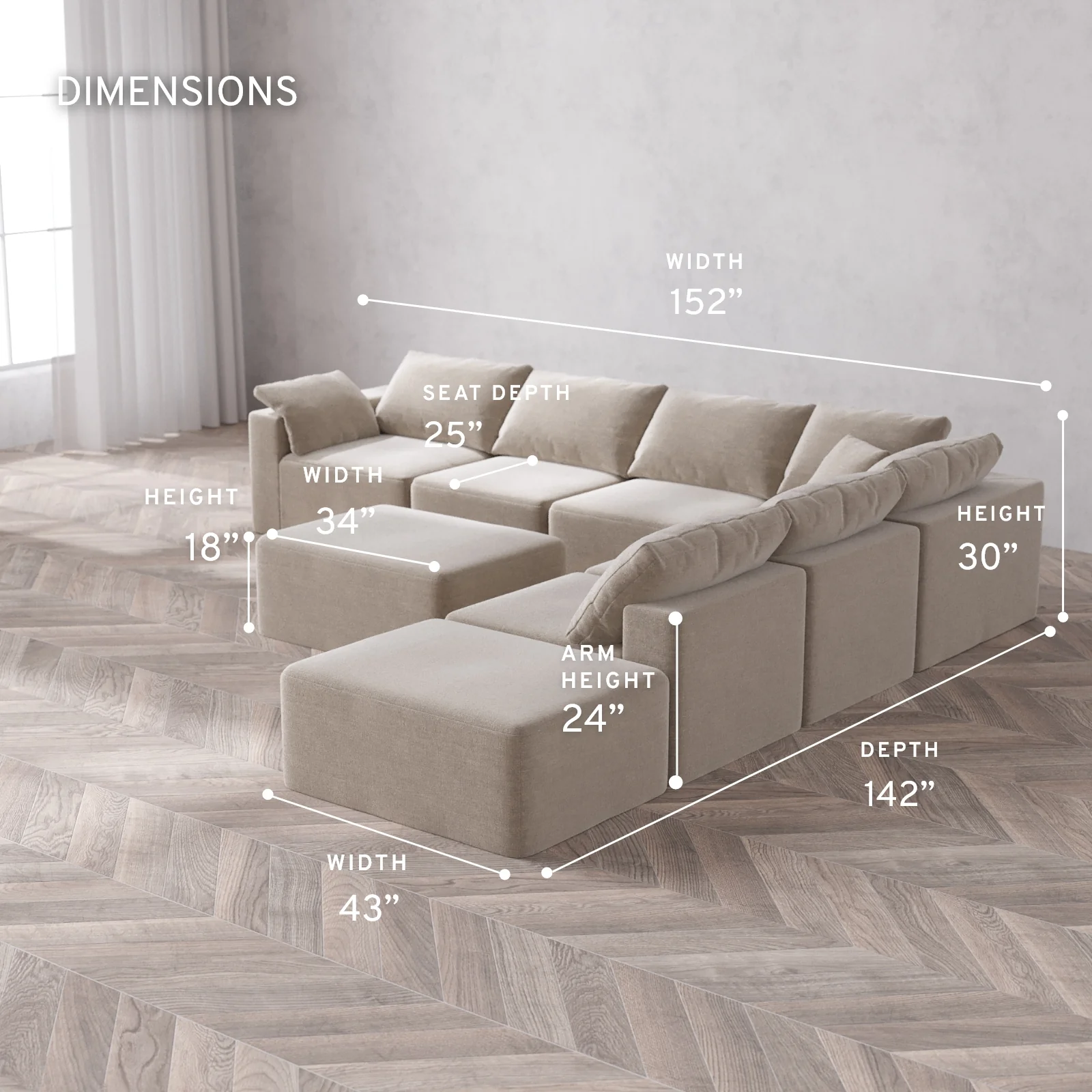 Modular Washable 7-Seater Open End Corner Sectional + Chaise Ottoman Cloud Sofa | Left-Facing Arm | Satin Velvet in Caraway - Image 5